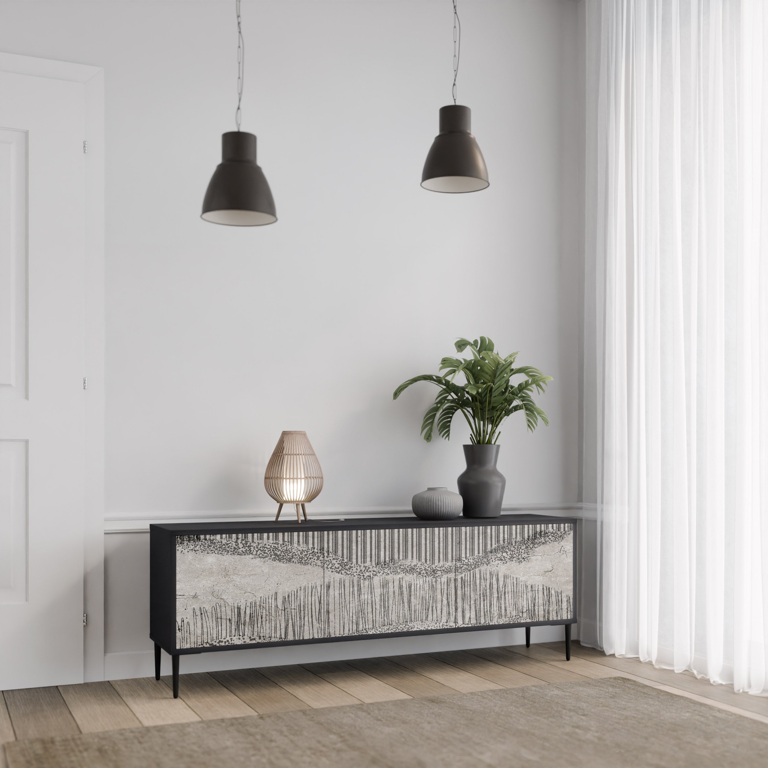 GRAIN LINES TV-bänk med 3 dörrar i svart finish
