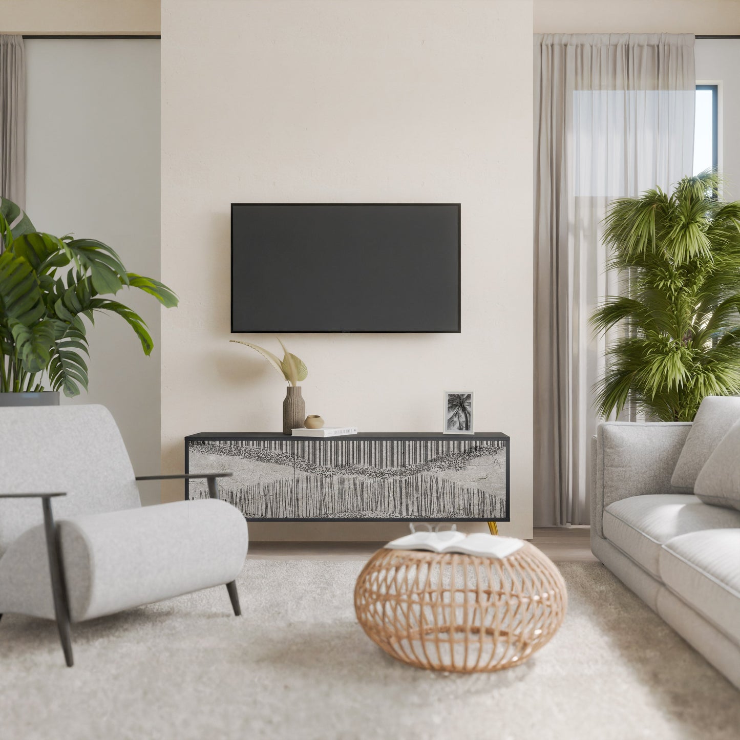GRAIN LINES TV-bänk med 3 dörrar i svart finish