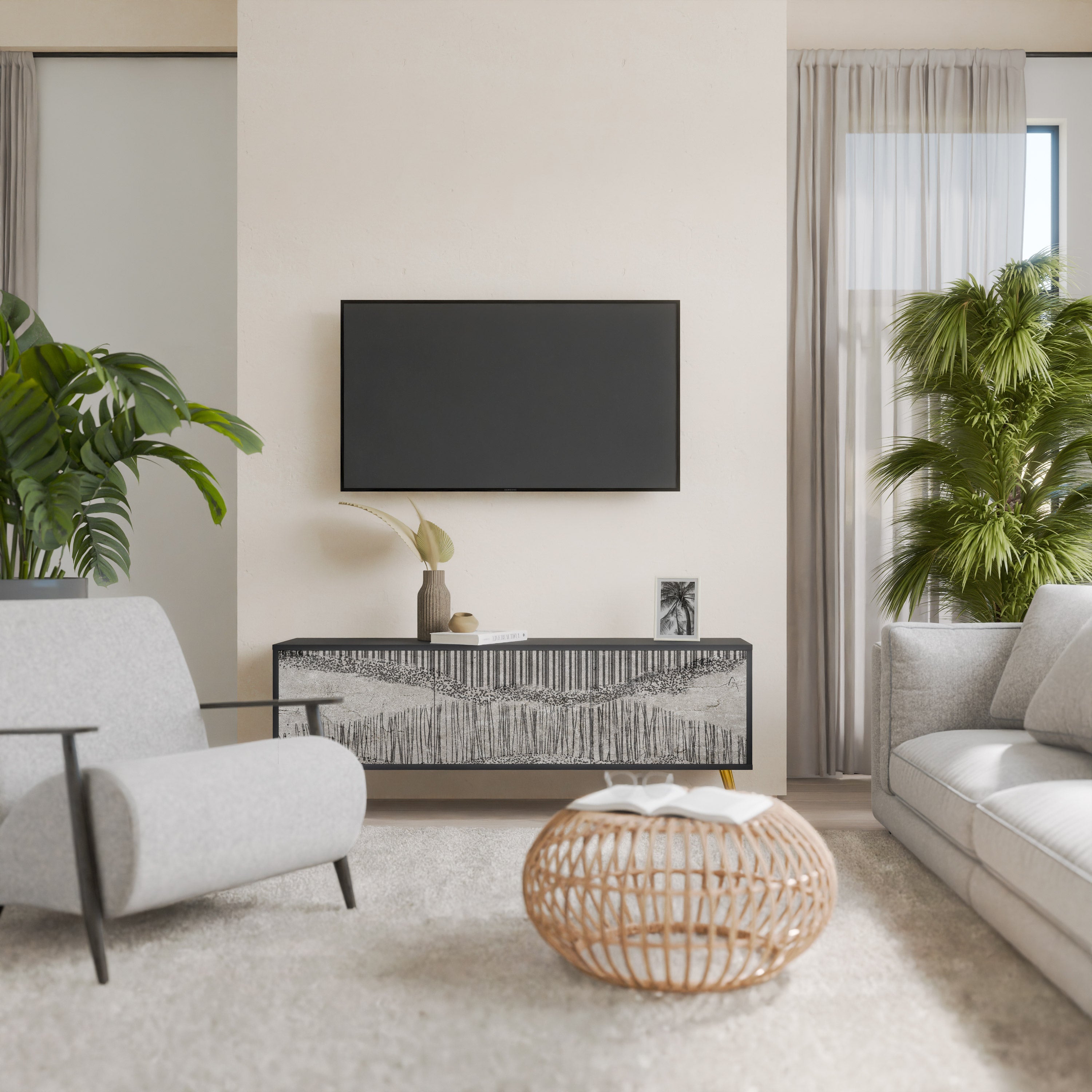 GRAIN LINES TV-bänk med 3 dörrar i svart finish