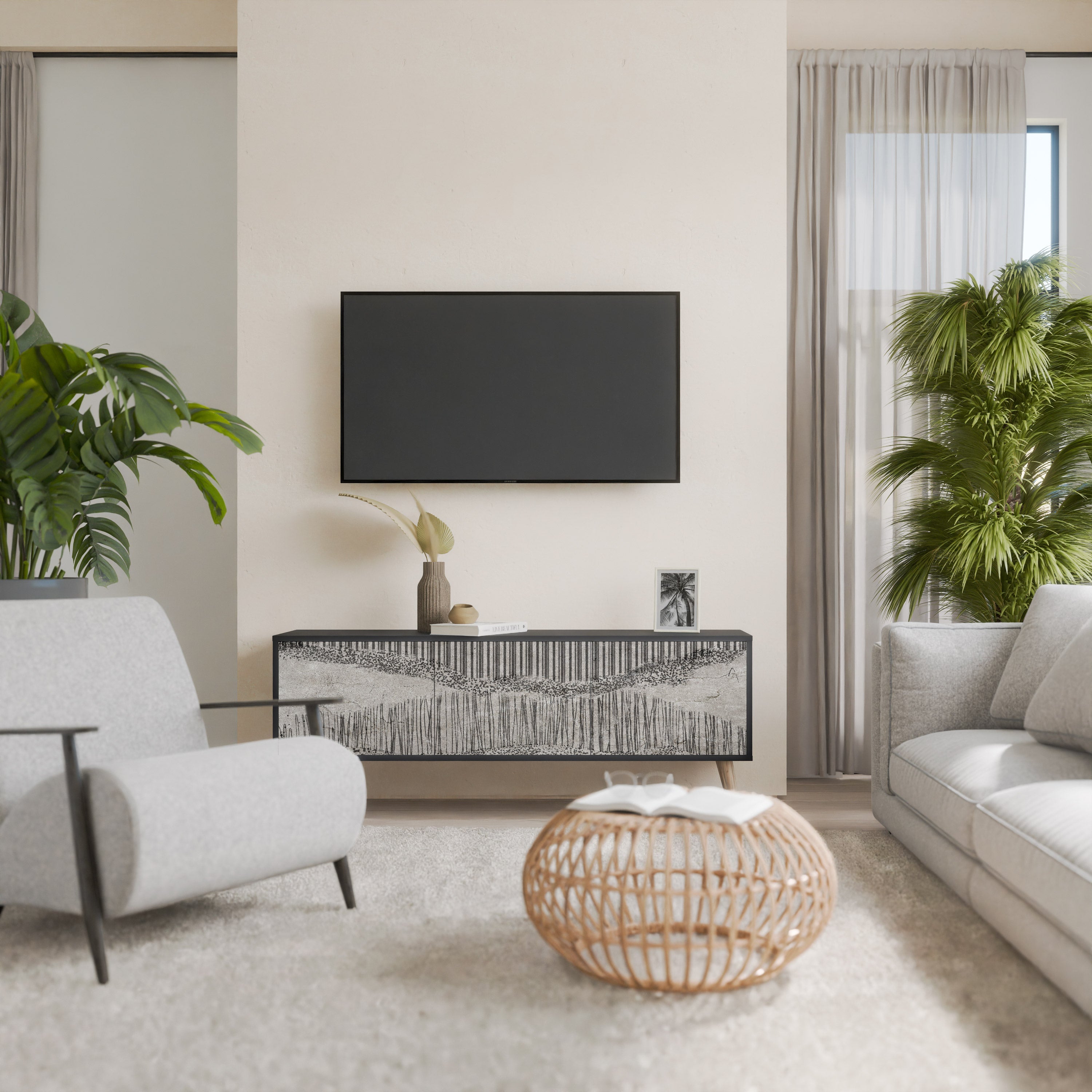 GRAIN LINES TV-bänk med 3 dörrar i svart finish