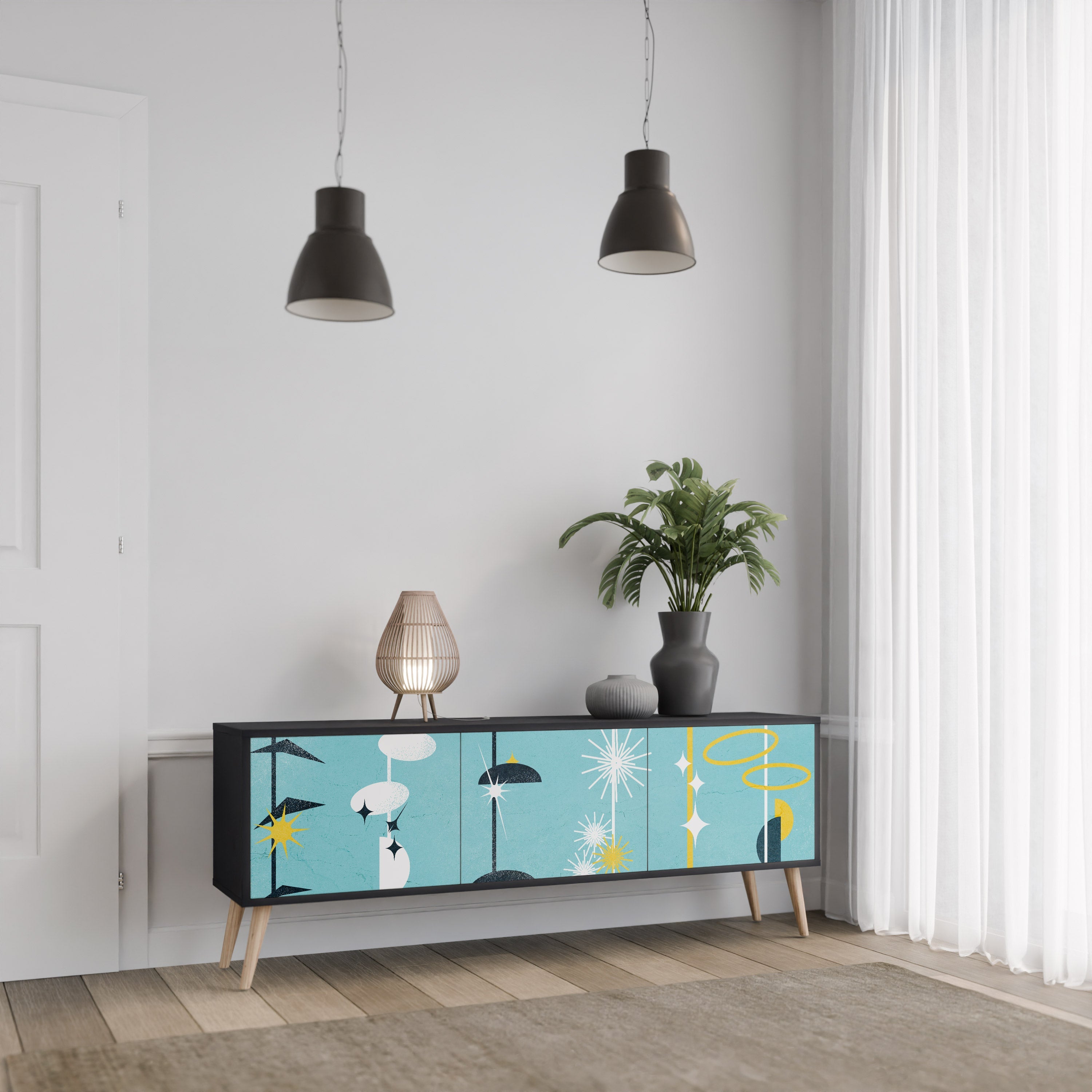 VÄGAR TILL LYCKA TV-bänk med 3 dörrar i svart finish
