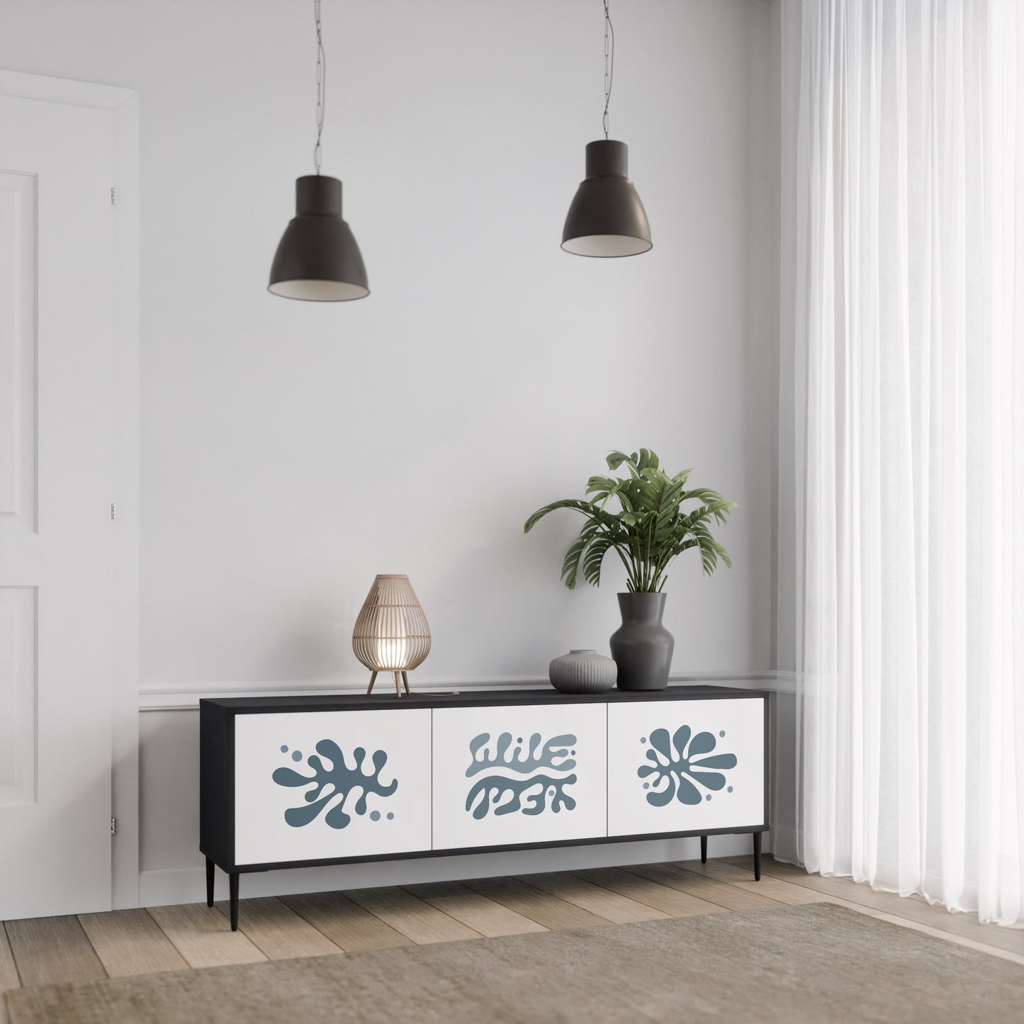 WONDERLAND VEGETATION TV-bänk med 3 dörrar i svart finish