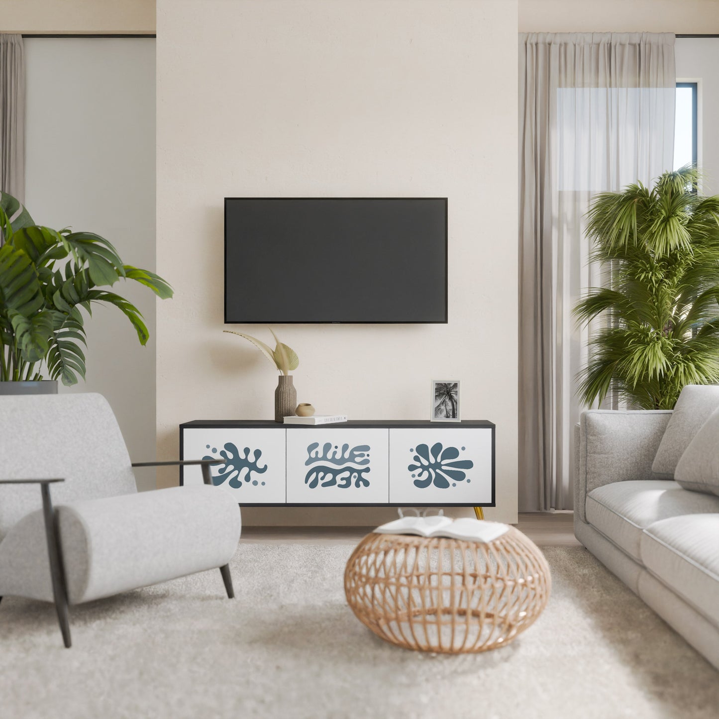 WONDERLAND VEGETATION TV-bänk med 3 dörrar i svart finish