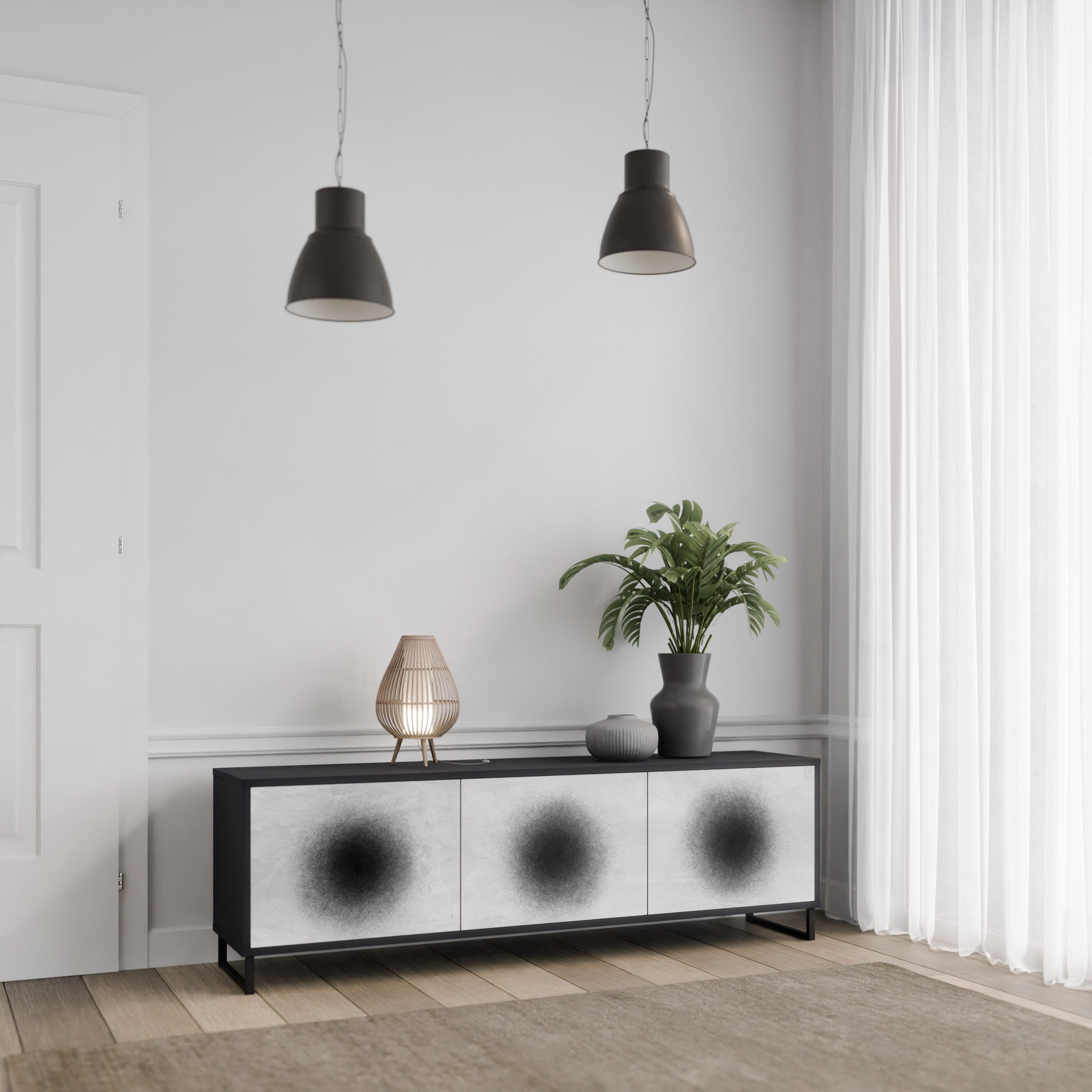 BLACK HOLE TV-bänk med 3 dörrar i svart finish