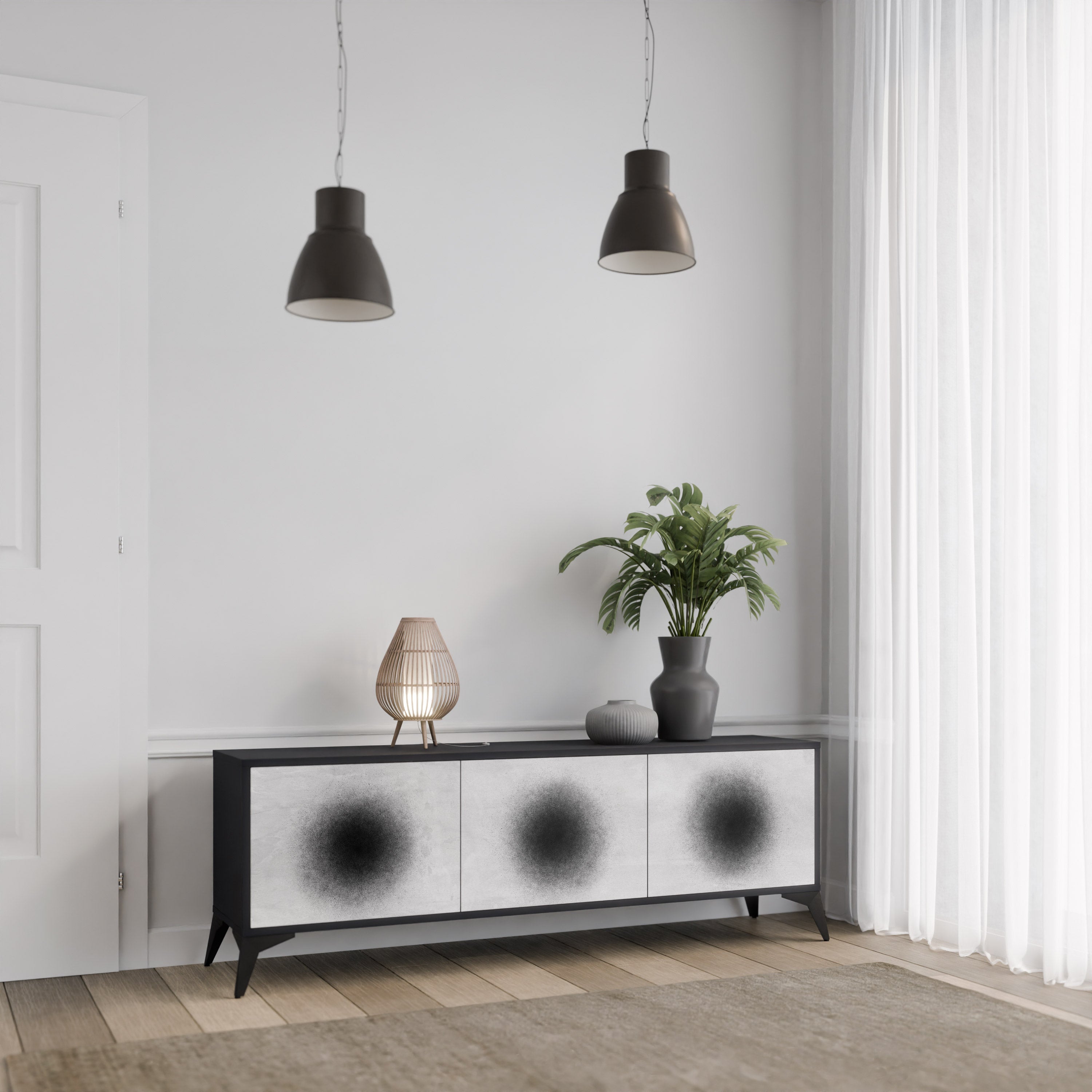 BLACK HOLE TV-bänk med 3 dörrar i svart finish