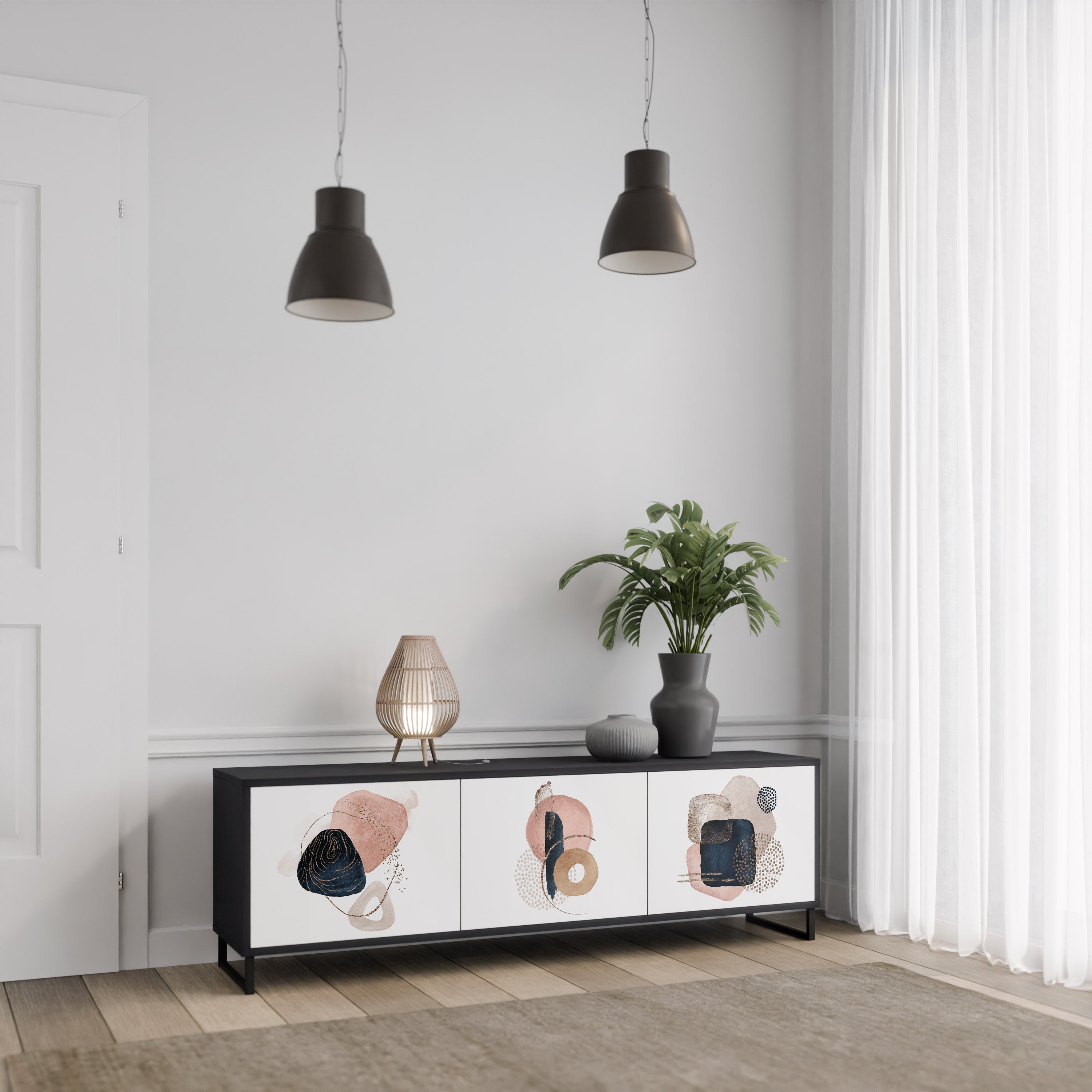 FÄRGGLADA FORMER TV-bänk med 3 dörrar i svart finish