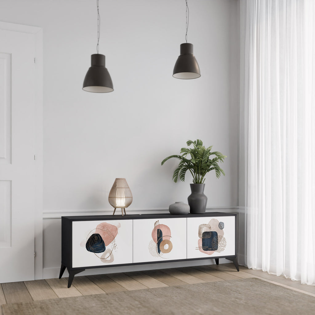 FÄRGGLADA FORMER TV-bänk med 3 dörrar i svart finish