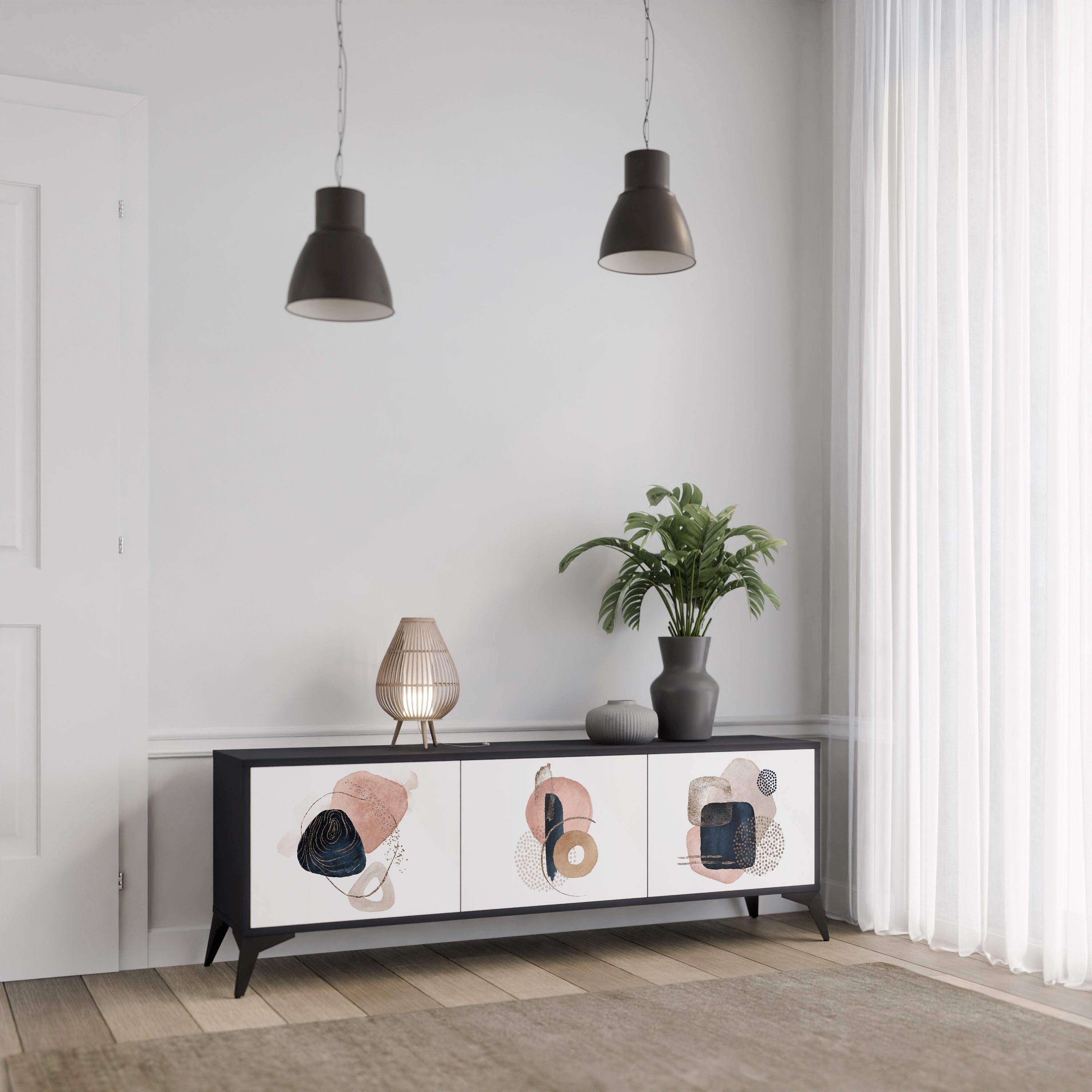 FÄRGGLADA FORMER TV-bänk med 3 dörrar i svart finish