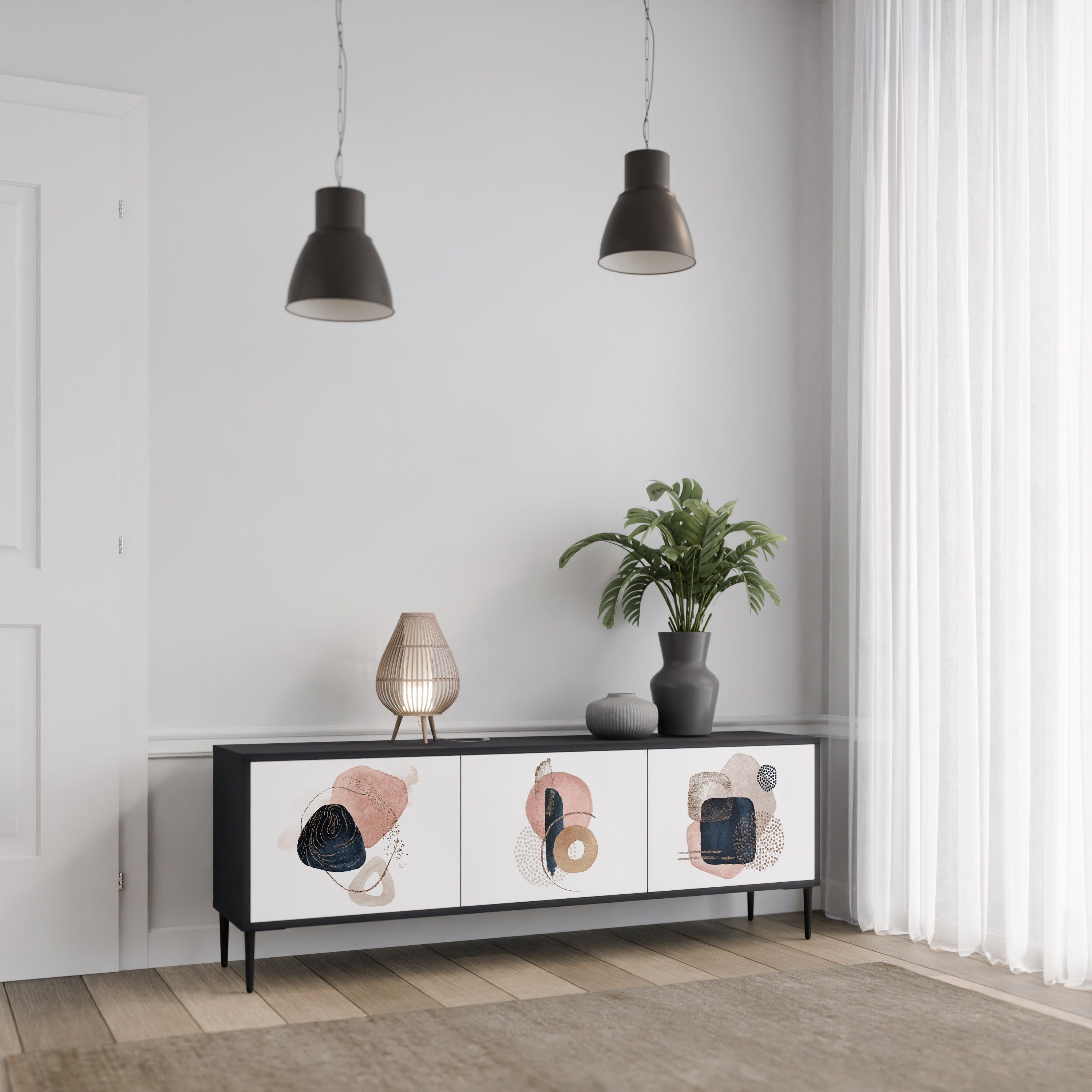 FÄRGGLADA FORMER TV-bänk med 3 dörrar i svart finish