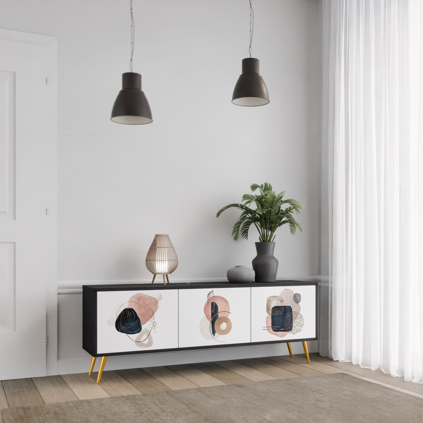 FÄRGGLADA FORMER TV-bänk med 3 dörrar i svart finish