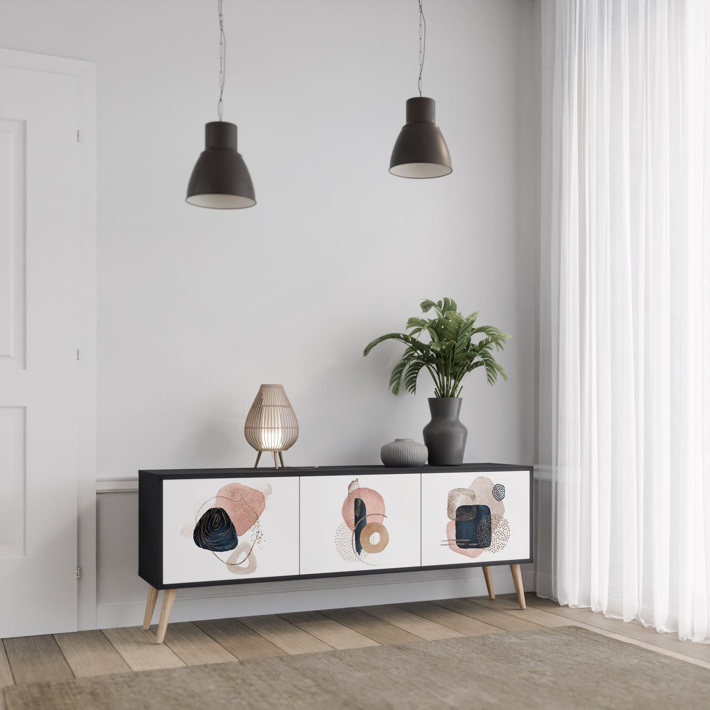 FÄRGGLADA FORMER TV-bänk med 3 dörrar i svart finish