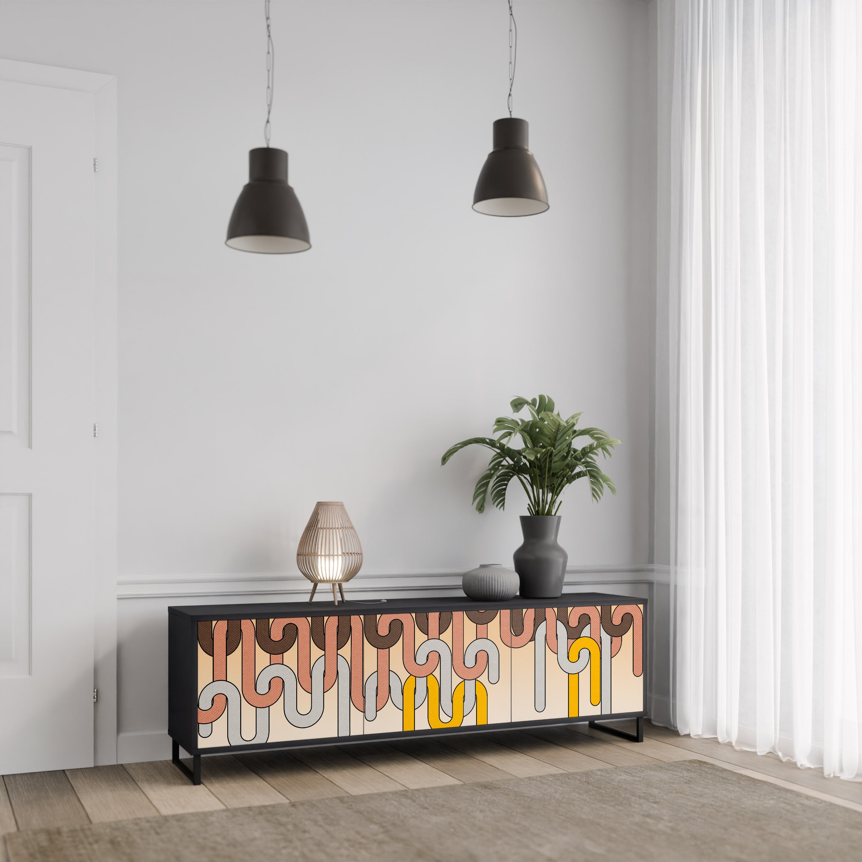 COLORFULL STRINGS TV-bänk med 3 dörrar i svart finish