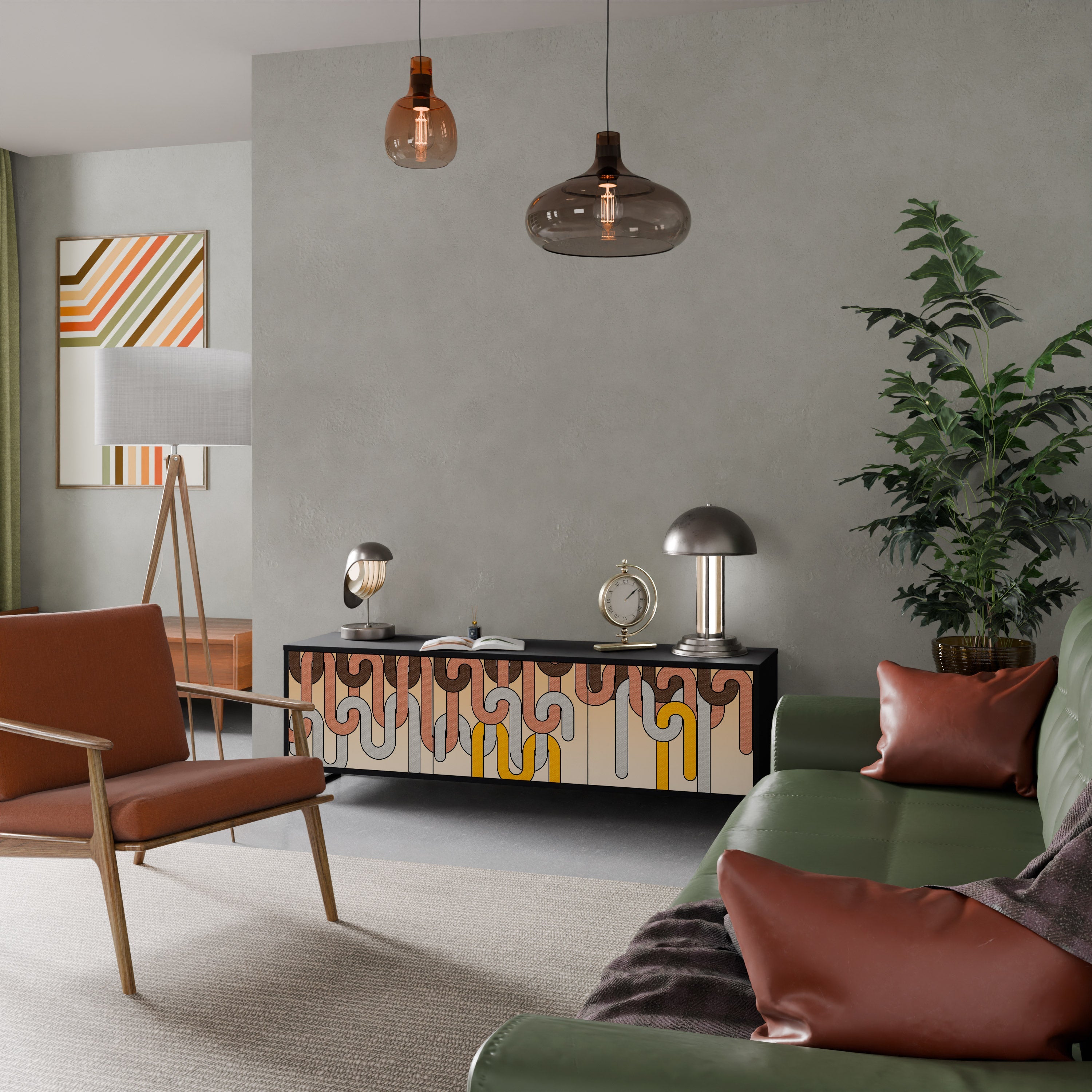 COLORFULL STRINGS TV-bänk med 3 dörrar i svart finish