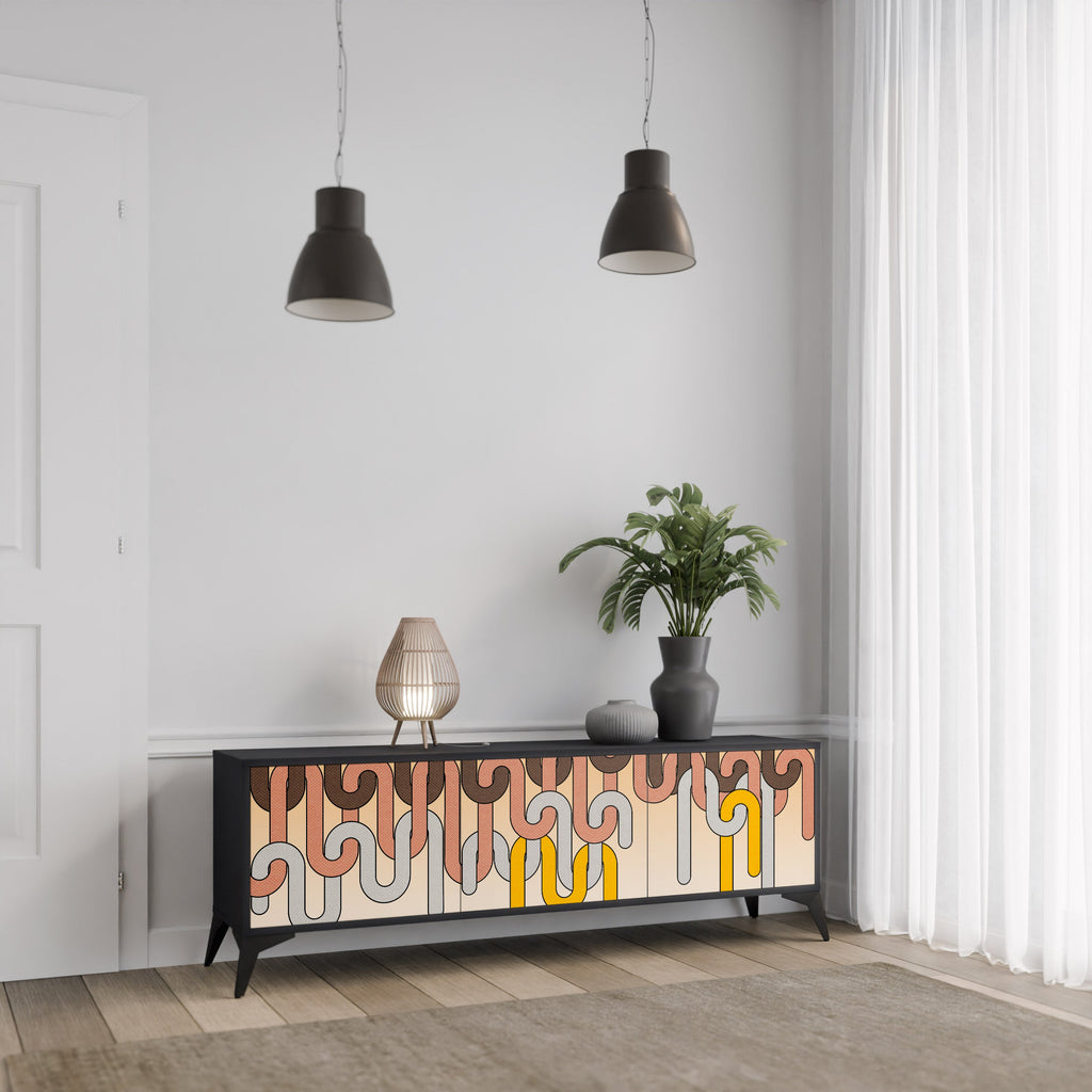 COLORFULL STRINGS TV-bänk med 3 dörrar i svart finish