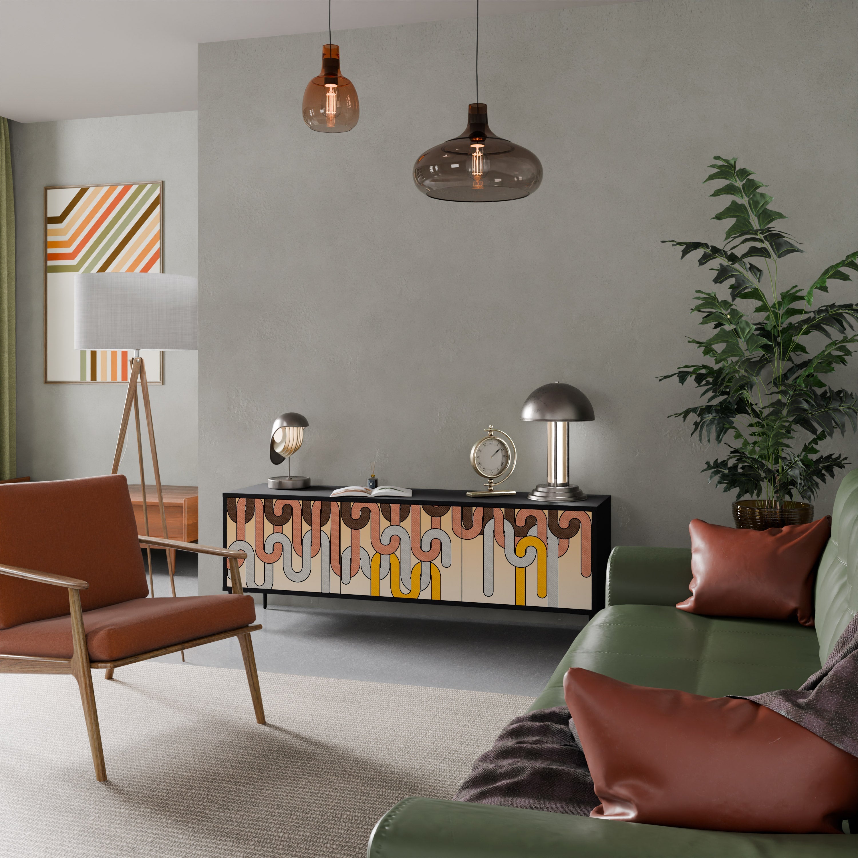 COLORFULL STRINGS TV-bänk med 3 dörrar i svart finish