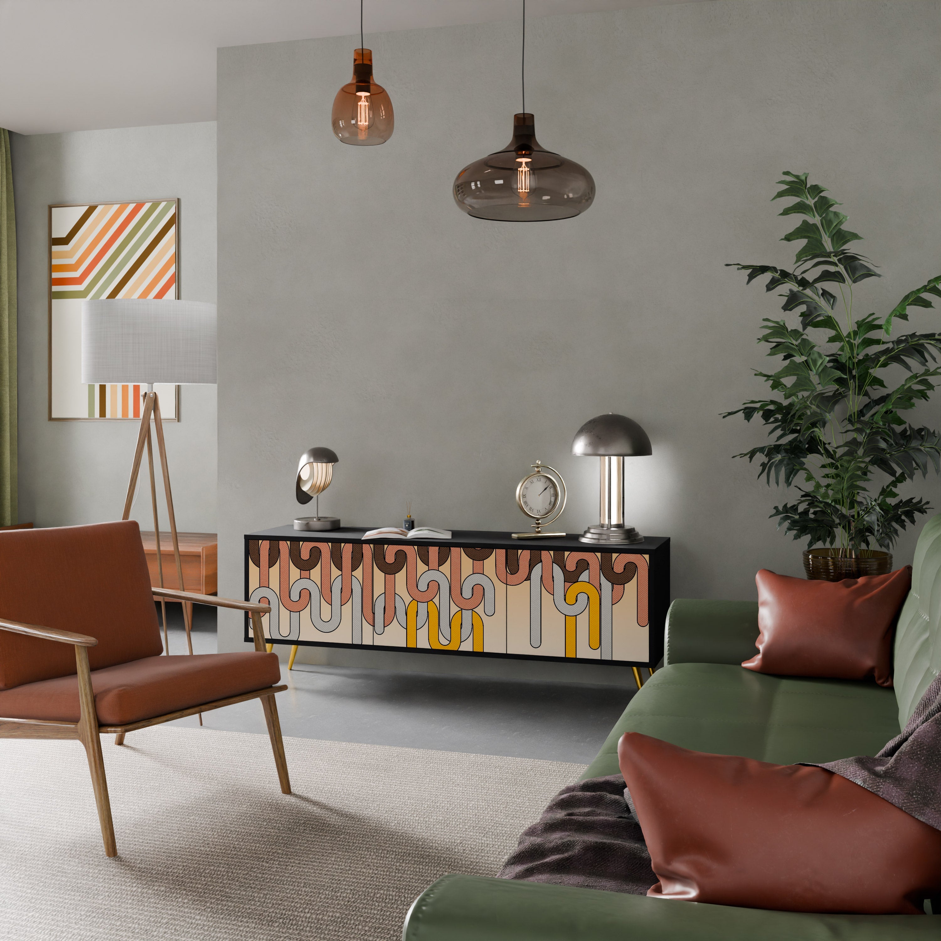 COLORFULL STRINGS TV-bänk med 3 dörrar i svart finish