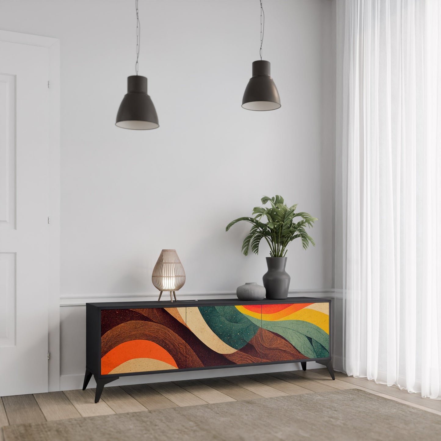COLORFUL STRANDS TV-bänk med 3 dörrar i svart finish