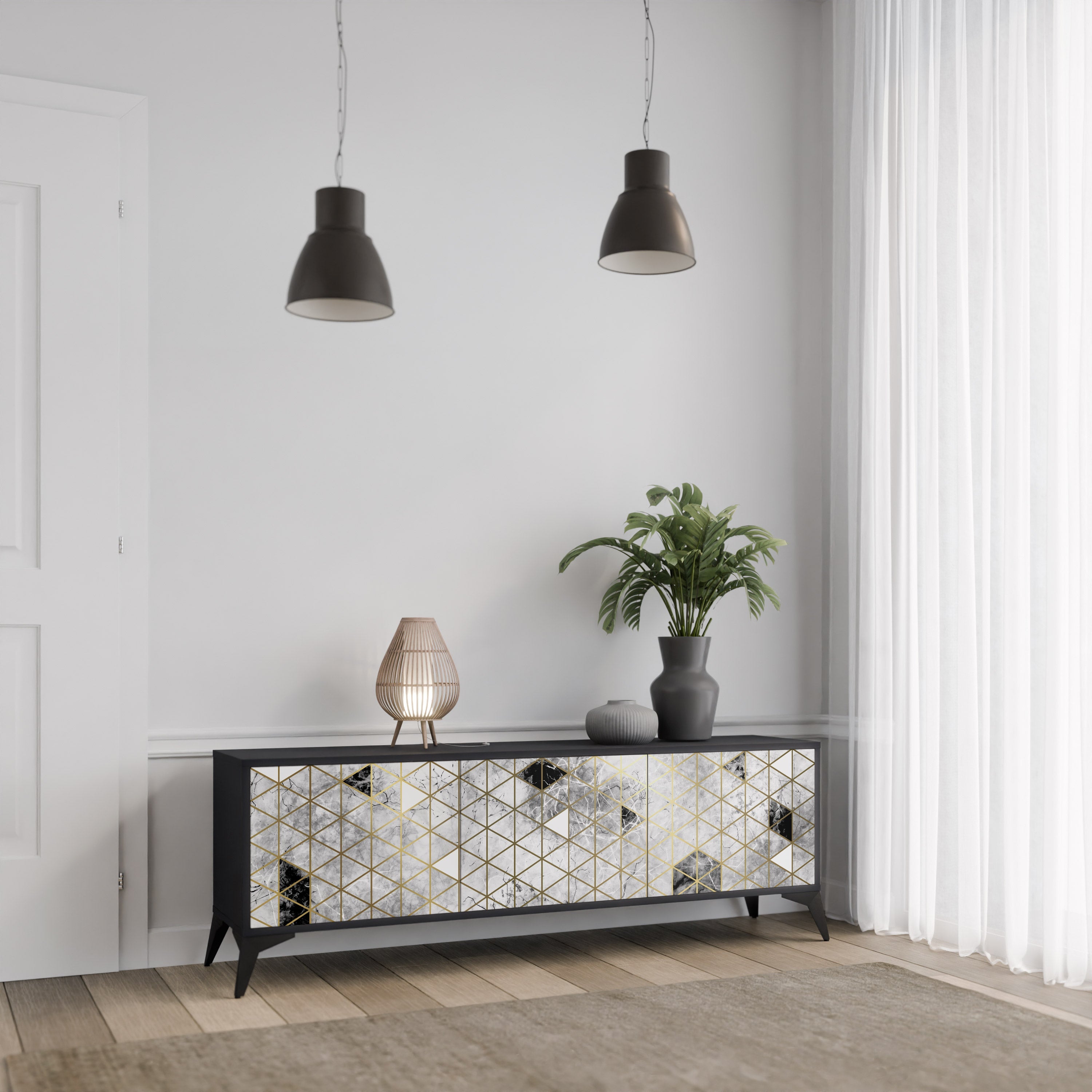 ASHEN ARIA TV-bänk med 3 dörrar i svart finish