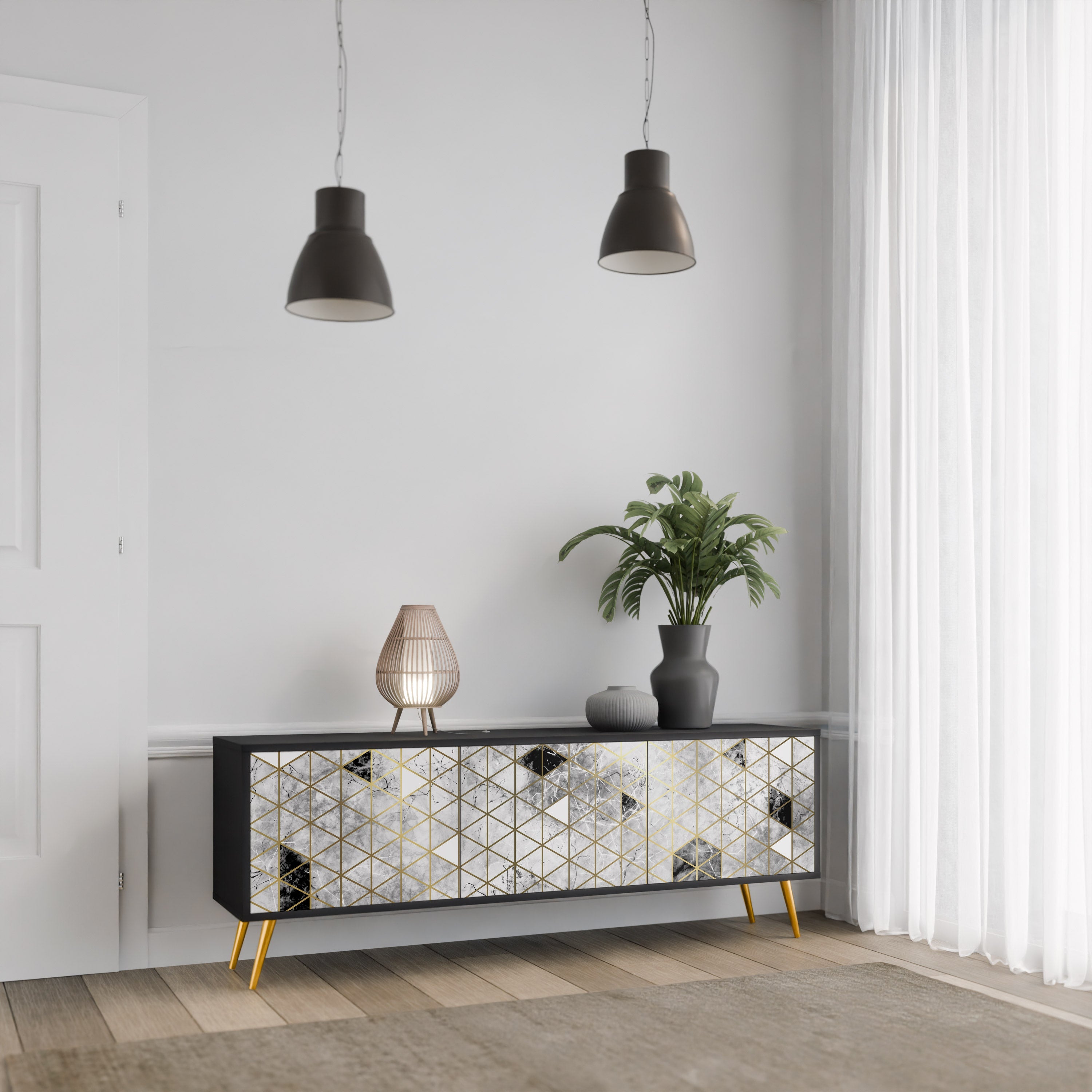 ASHEN ARIA TV-bänk med 3 dörrar i svart finish