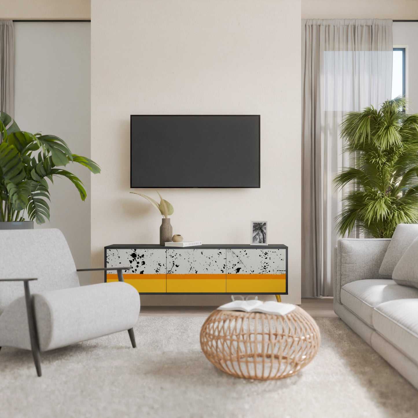 DYED BY ORANGE 3-Door TV Stand in Black Finish