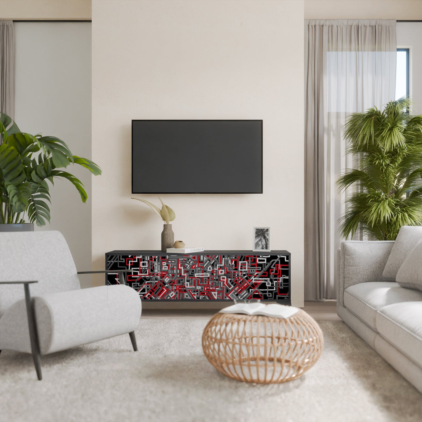 BROKEN LINES 3-Door TV Stand in Black Finish