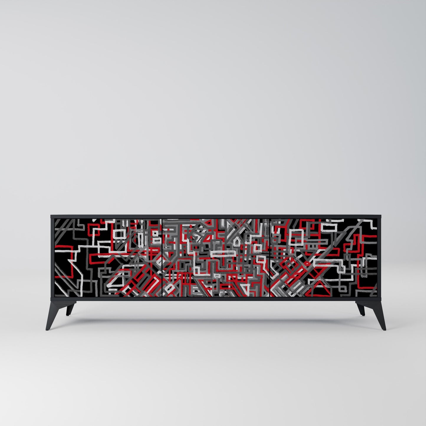 BROKEN LINES 3-Door TV Stand in Black Finish