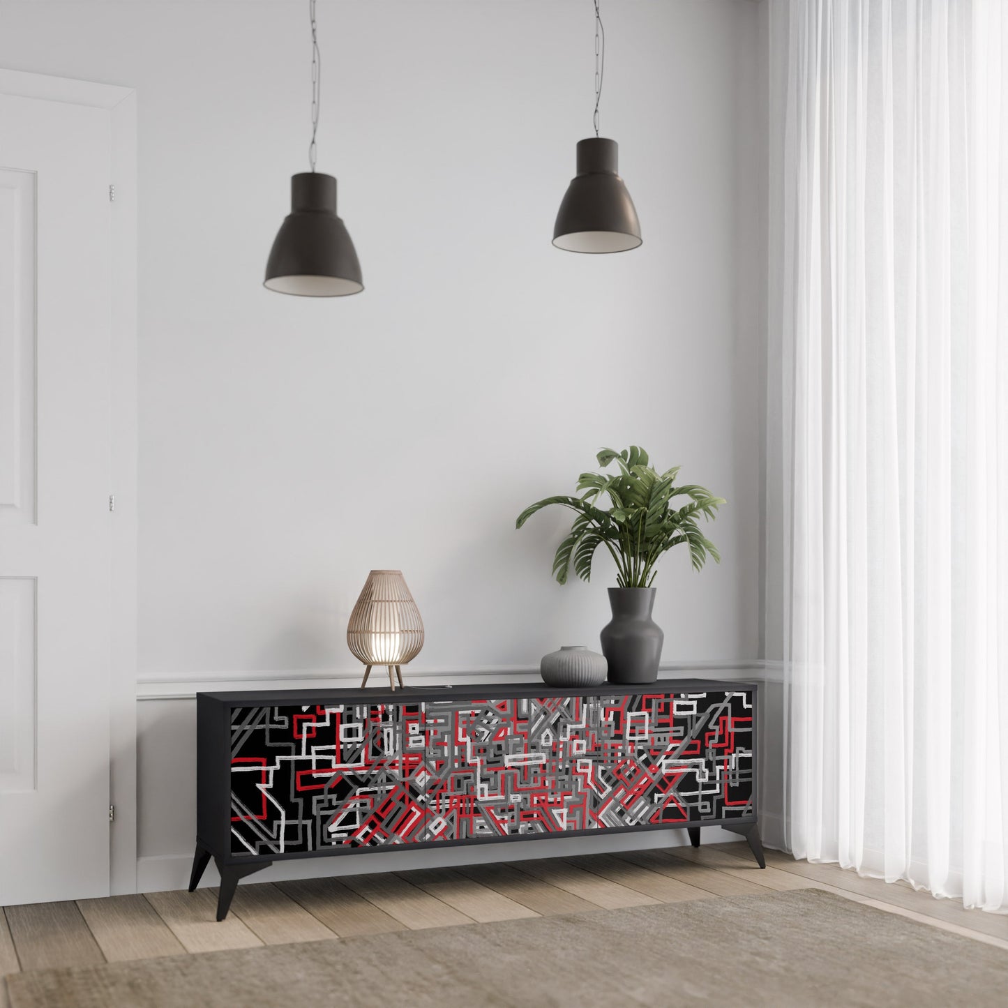 BROKEN LINES 3-Door TV Stand in Black Finish
