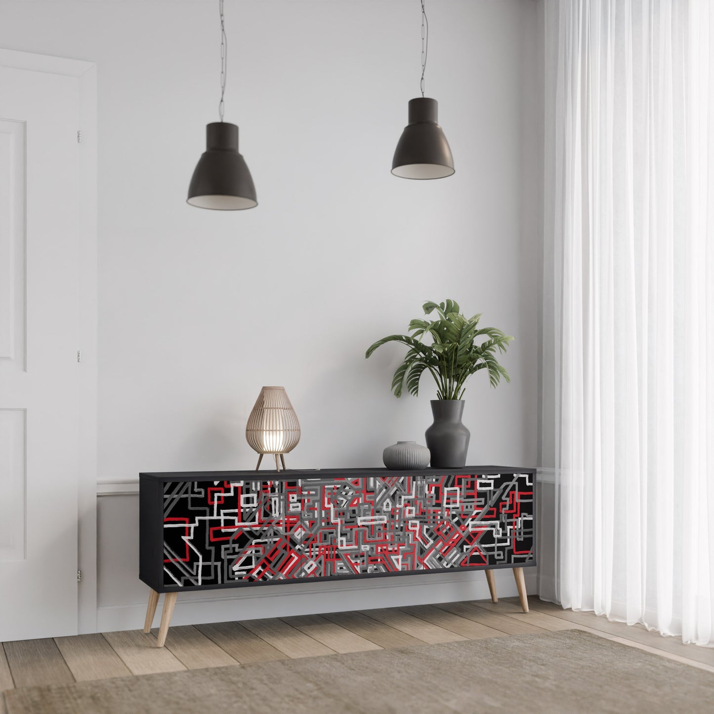 BROKEN LINES 3-Door TV Stand in Black Finish