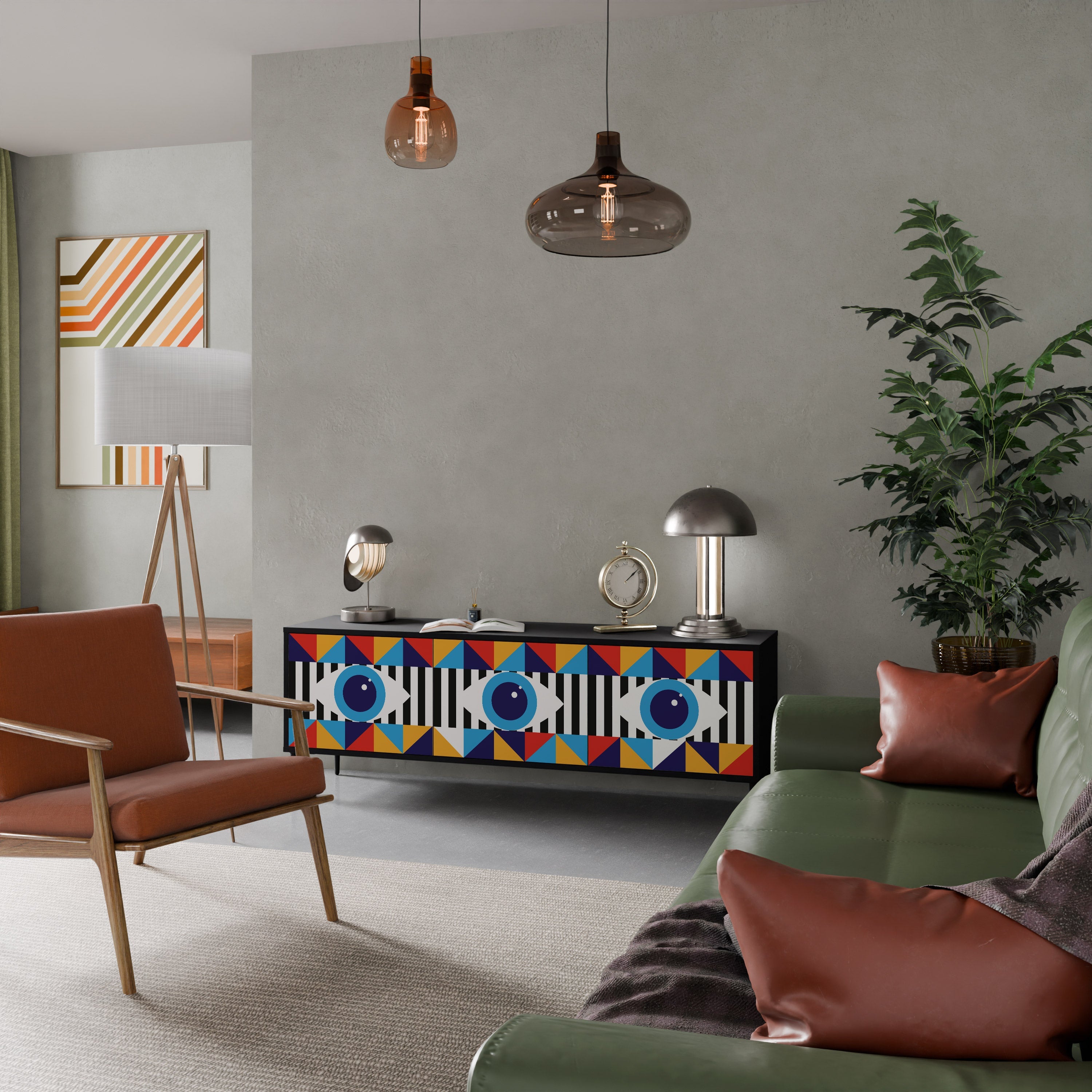 ABSTRAKTION AND GEOMETRI TV-bänk med 3 dörrar i svart finish