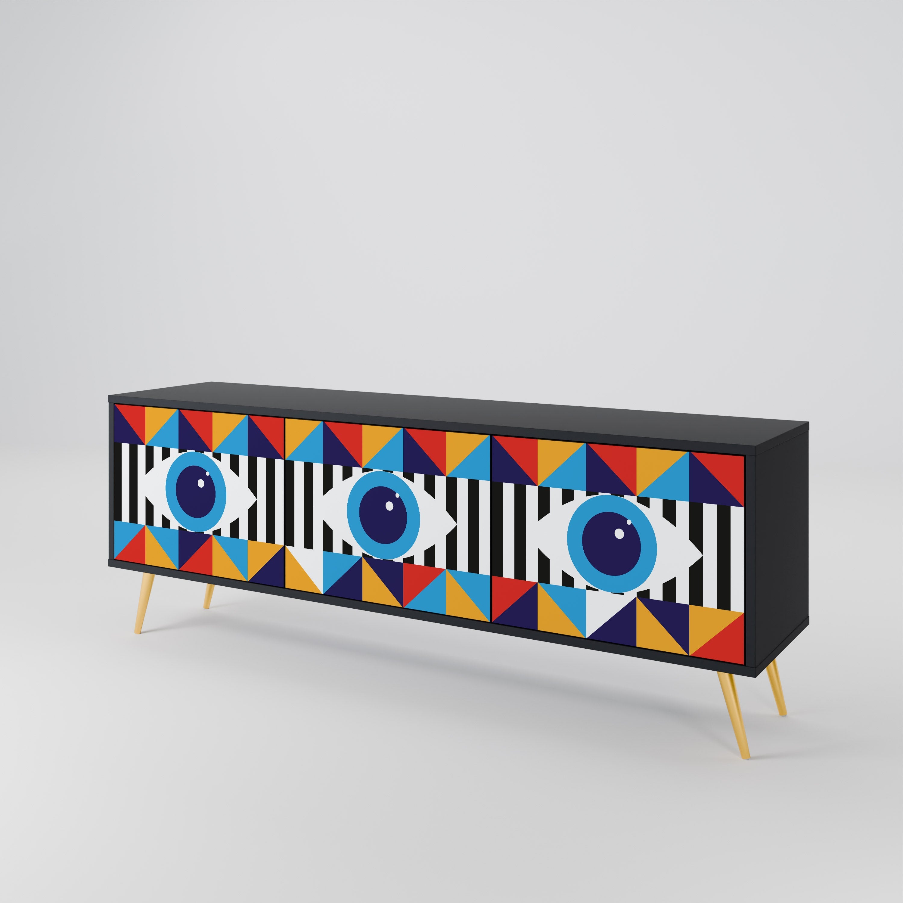 ABSTRAKTION AND GEOMETRI TV-bänk med 3 dörrar i svart finish