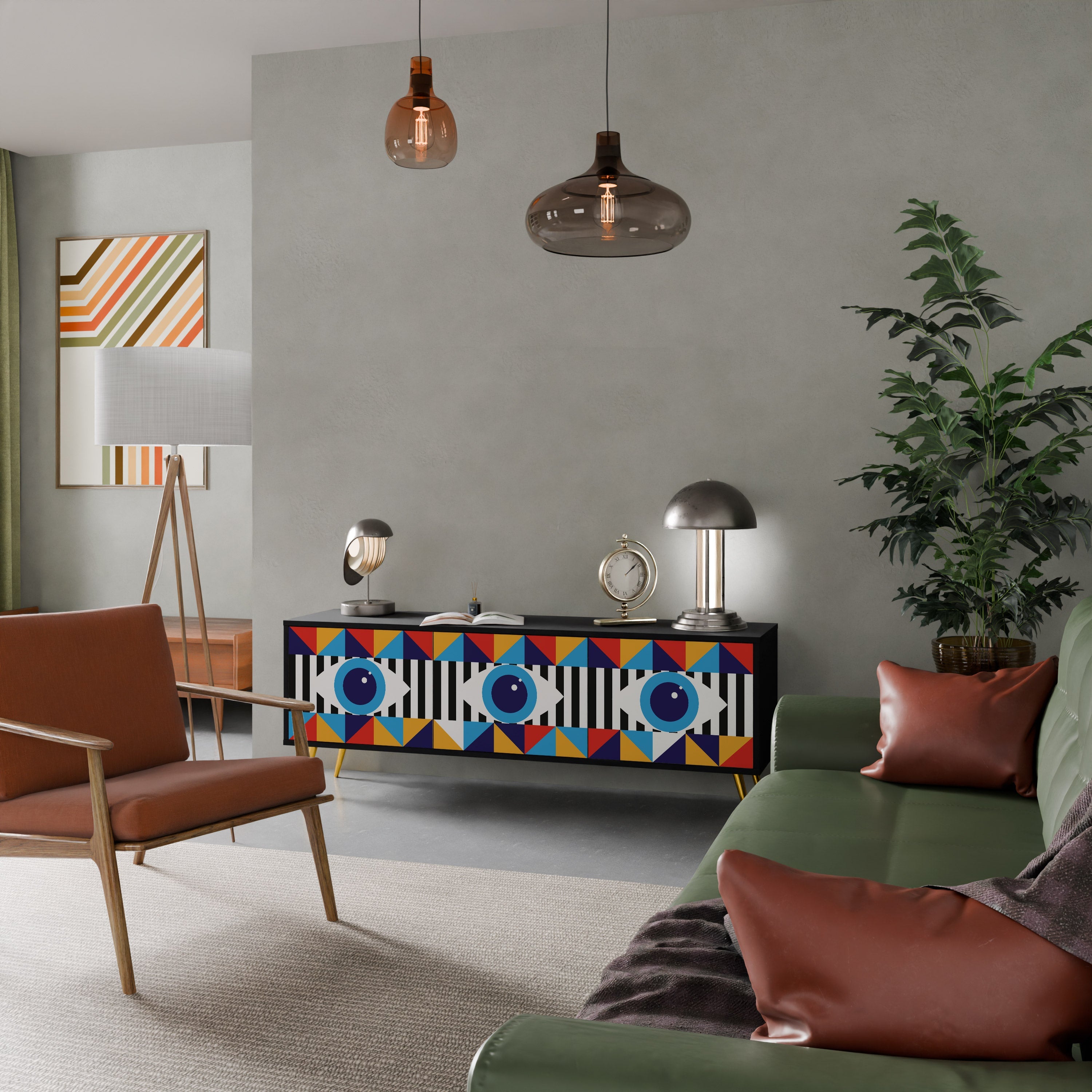 ABSTRAKTION AND GEOMETRI TV-bänk med 3 dörrar i svart finish