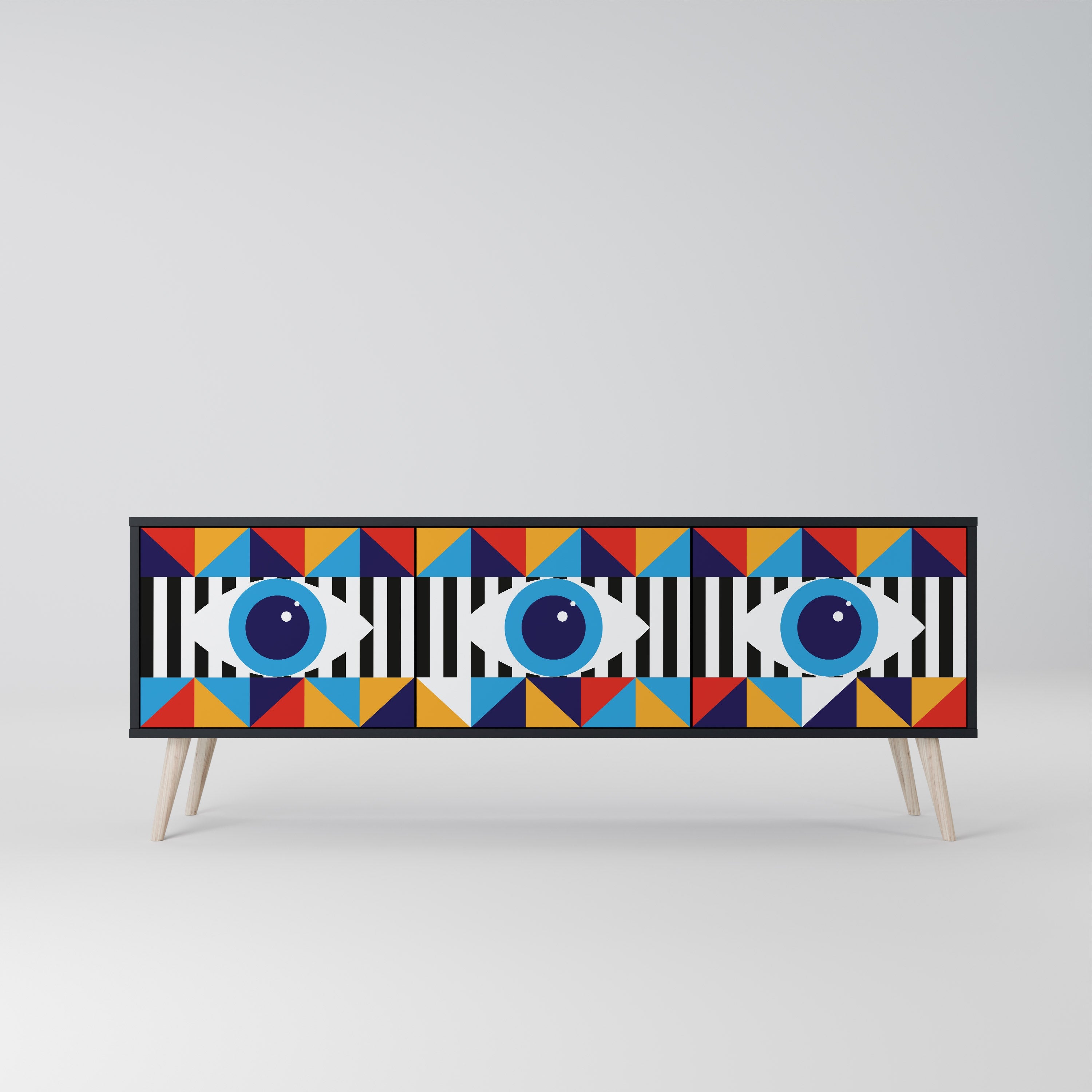 ABSTRAKTION AND GEOMETRI TV-bänk med 3 dörrar i svart finish