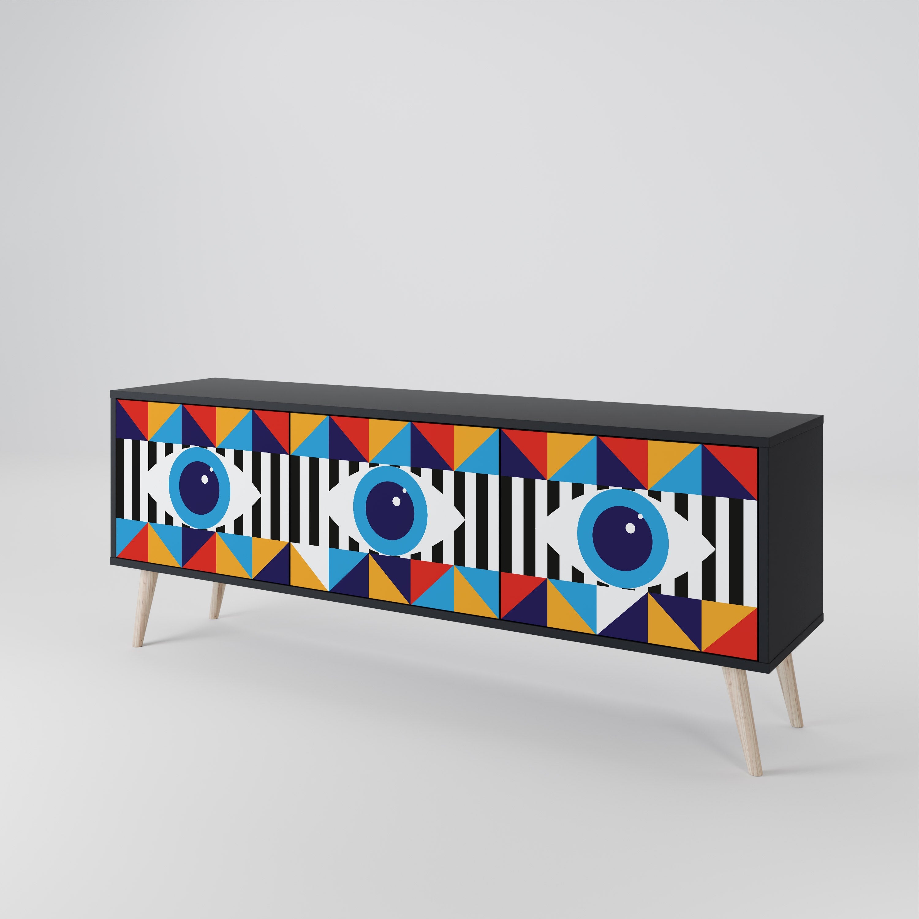 ABSTRAKTION AND GEOMETRI TV-bänk med 3 dörrar i svart finish