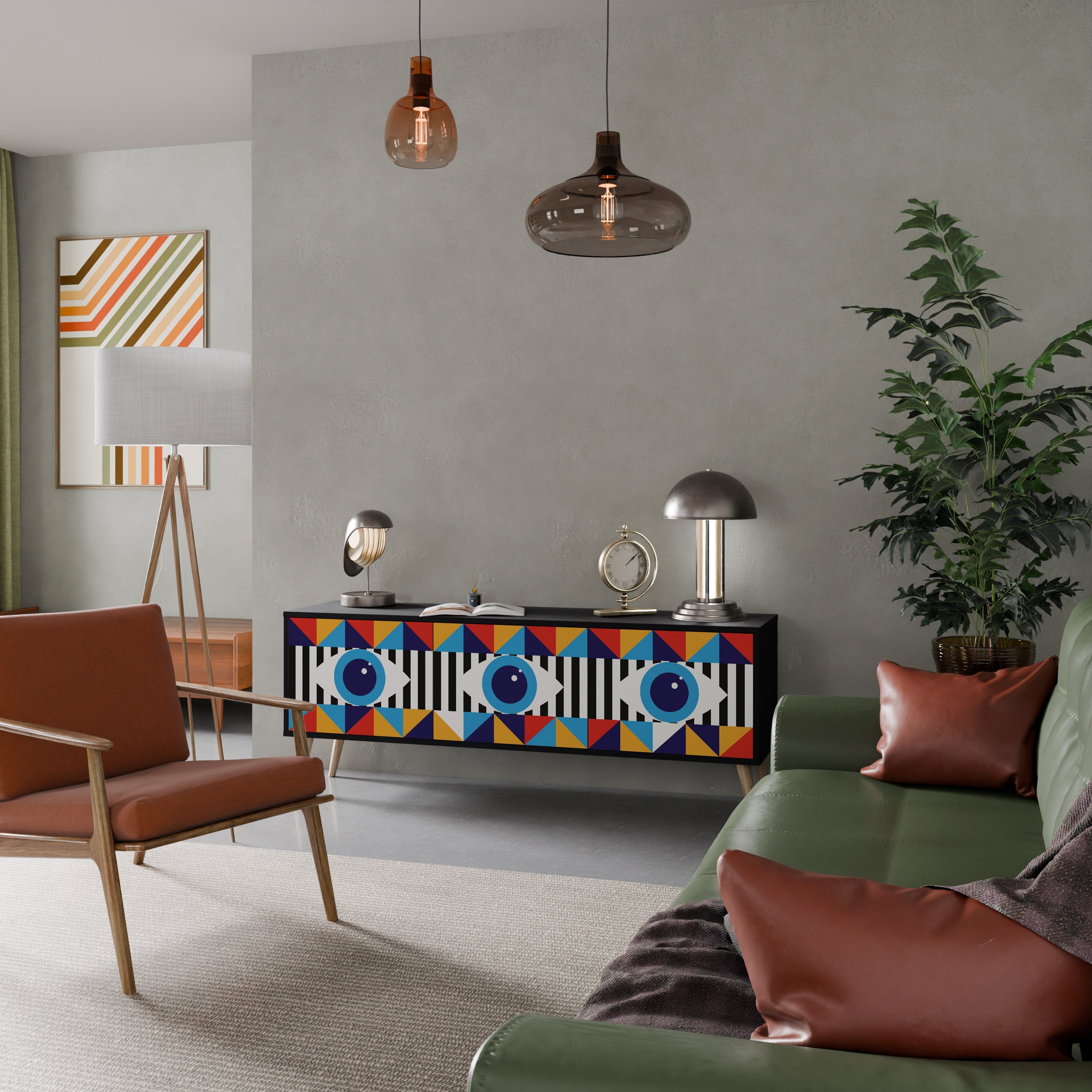 ABSTRAKTION AND GEOMETRI TV-bänk med 3 dörrar i svart finish
