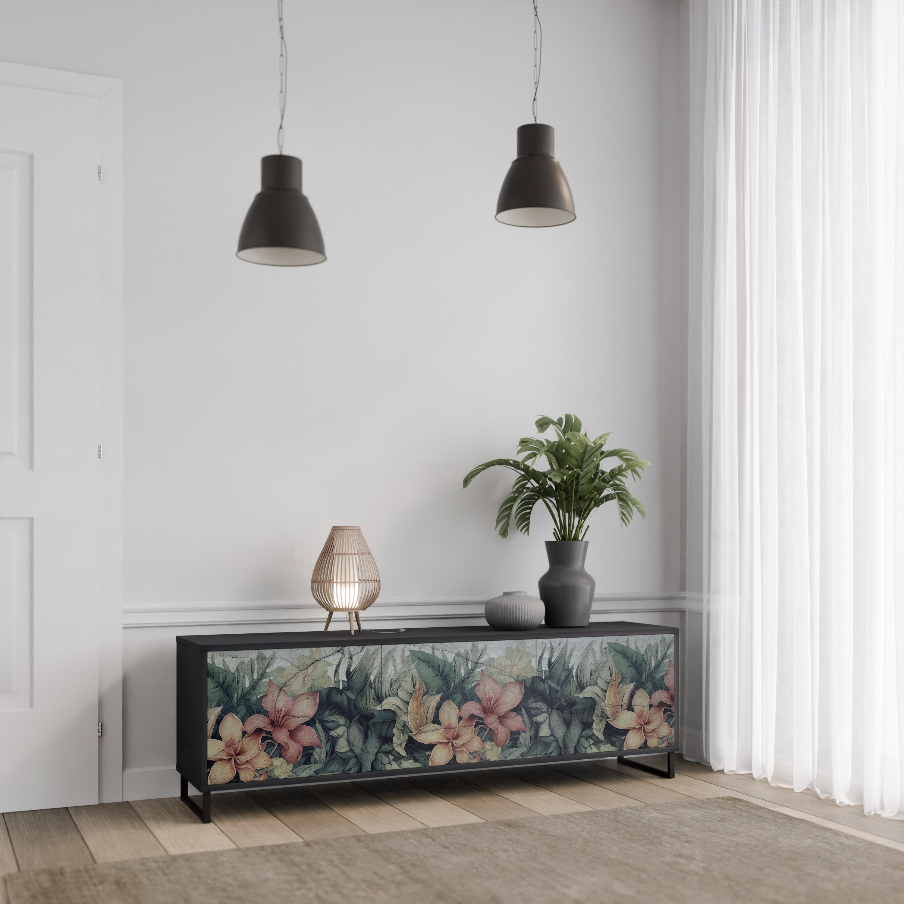 HEAVENLY BLOOM 3-dörrars TV-bänk i svart finish