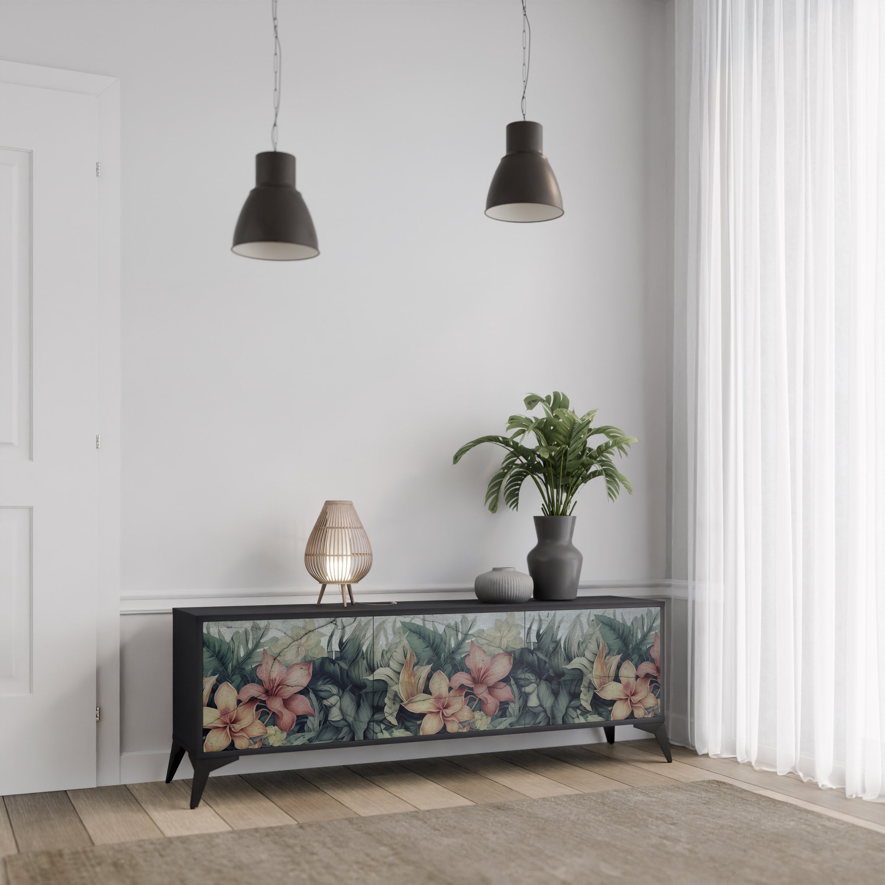 HEAVENLY BLOOM 3-dörrars TV-bänk i svart finish
