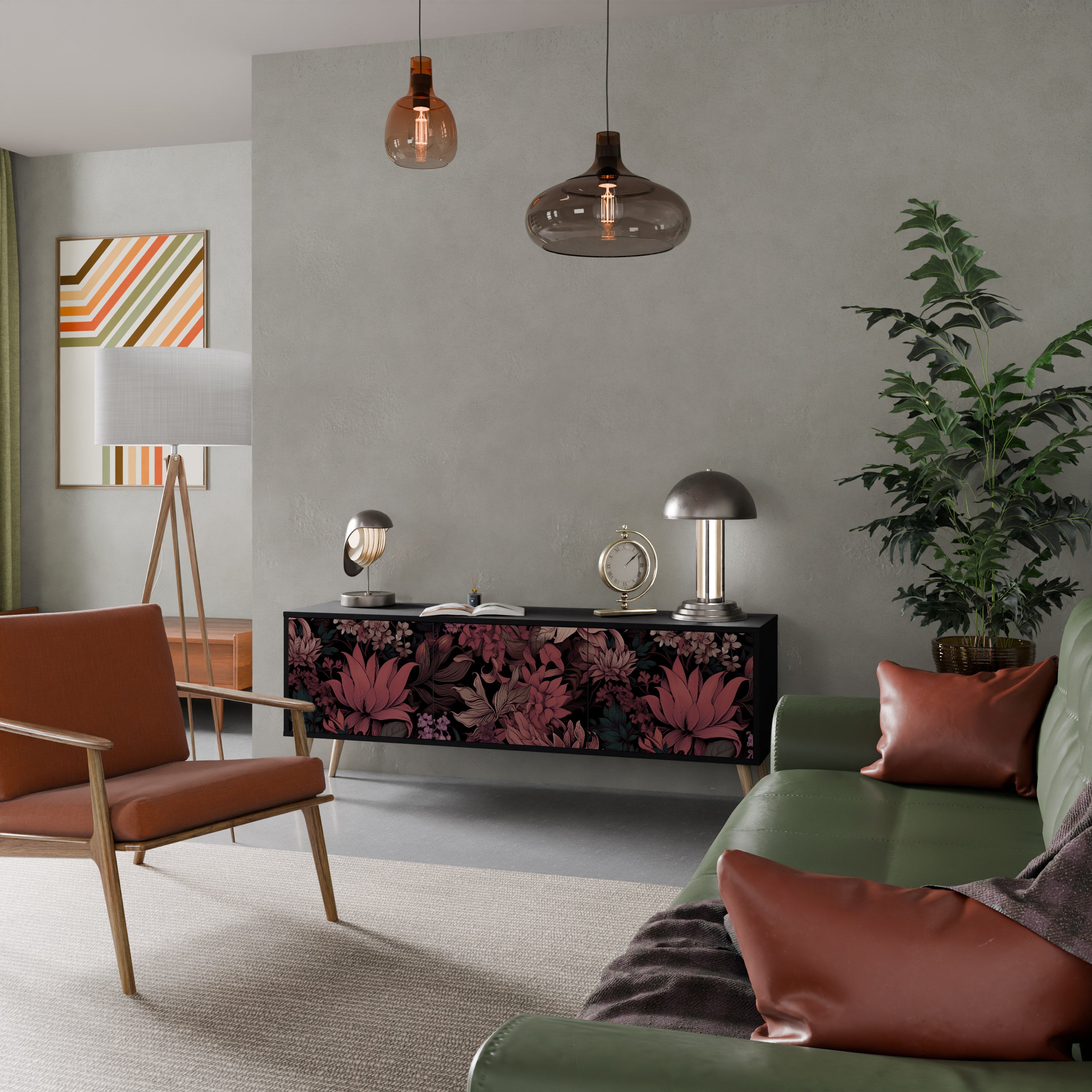 FLORAL WHISPER 3-dörrars TV-bänk i svart finish