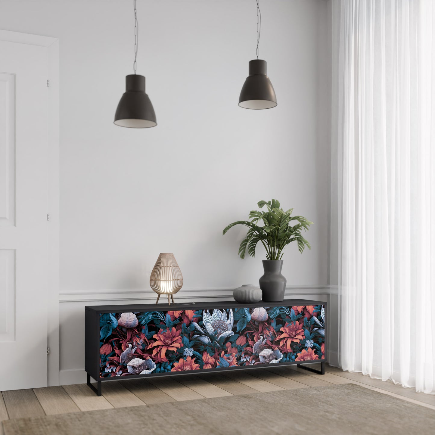 ETHEREAL BLOSSOMS 3-dörrars TV-bänk i svart finish