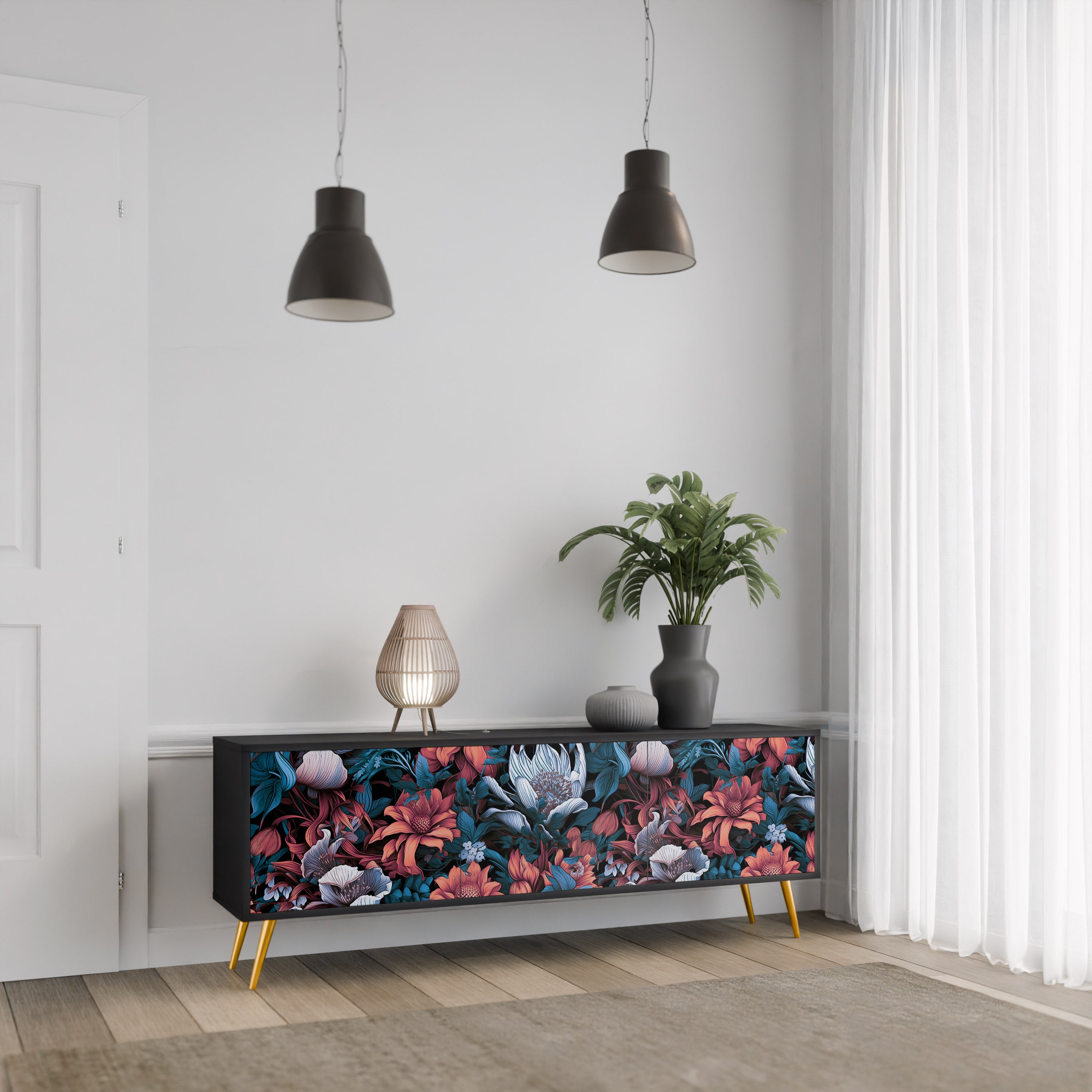 ETHEREAL BLOSSOMS 3-dörrars TV-bänk i svart finish