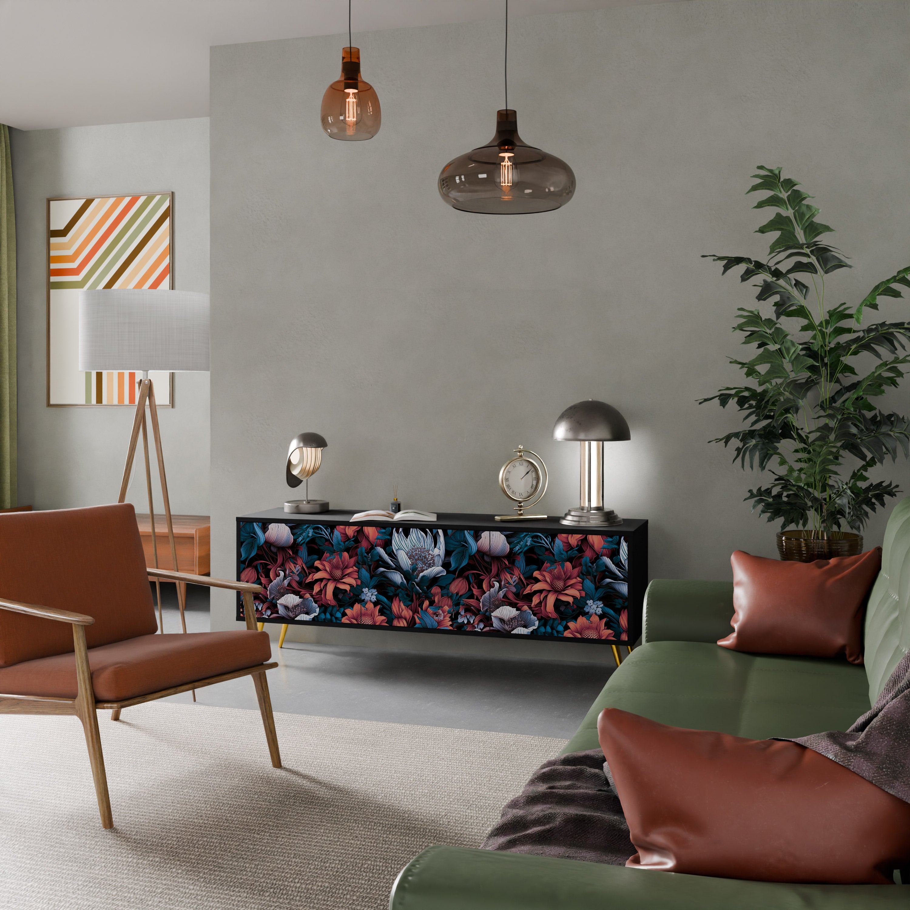 ETHEREAL BLOSSOMS 3-dörrars TV-bänk i svart finish