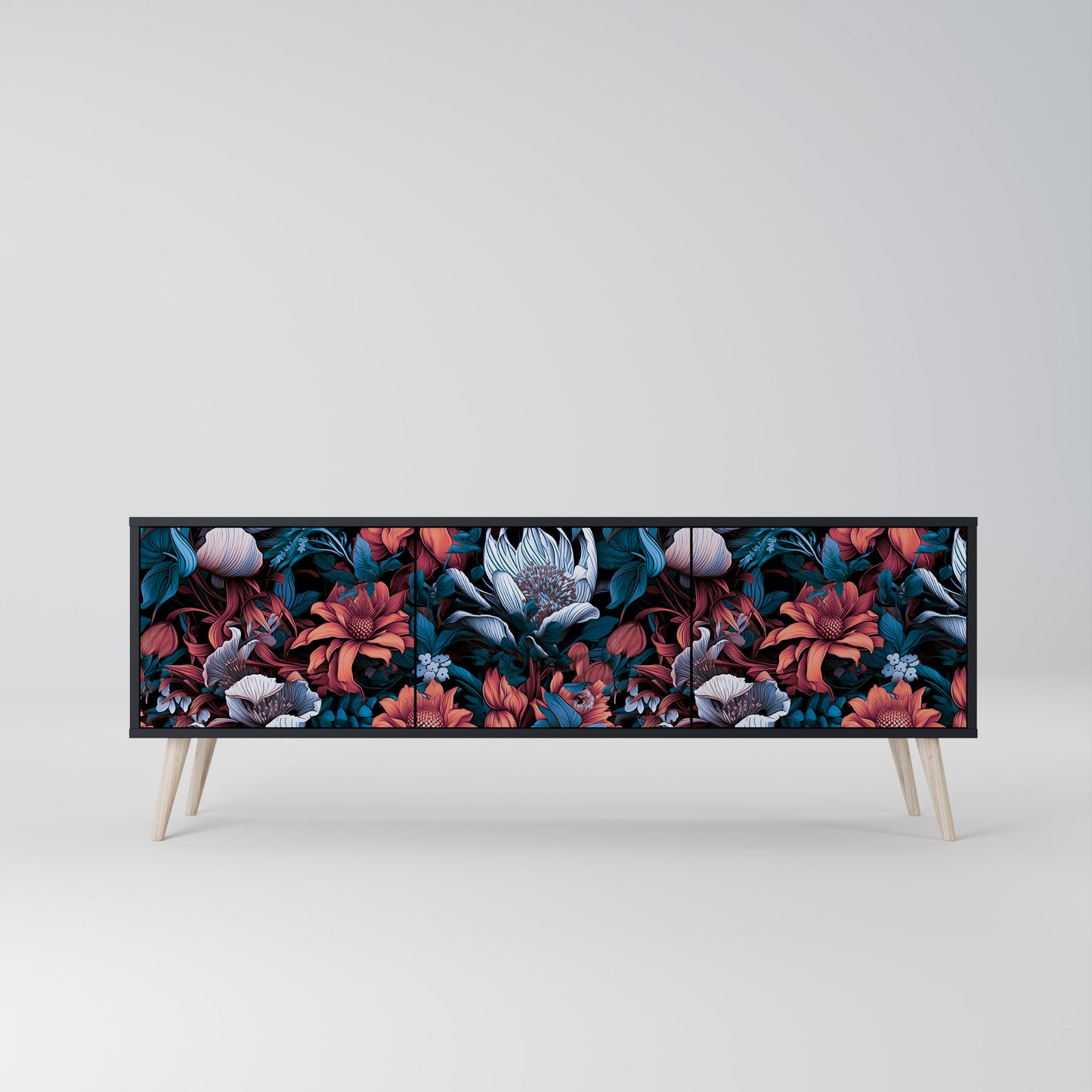 ETHEREAL BLOSSOMS 3-dörrars TV-bänk i svart finish