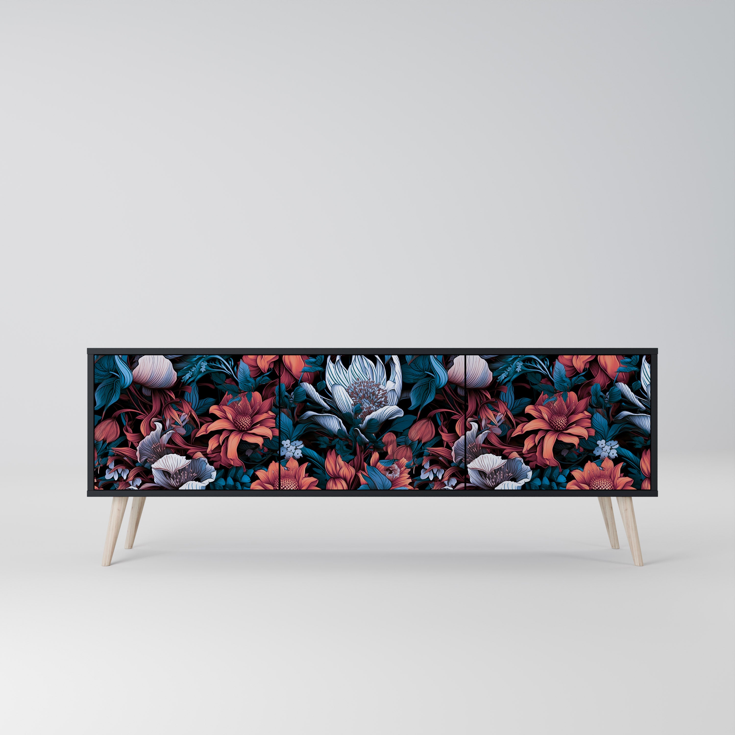 ETHEREAL BLOSSOMS 3-dörrars TV-bänk i svart finish