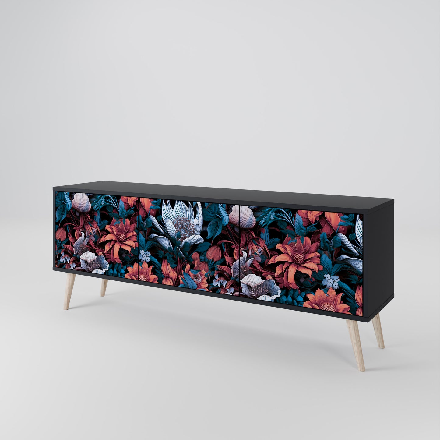 ETHEREAL BLOSSOMS 3-dörrars TV-bänk i svart finish