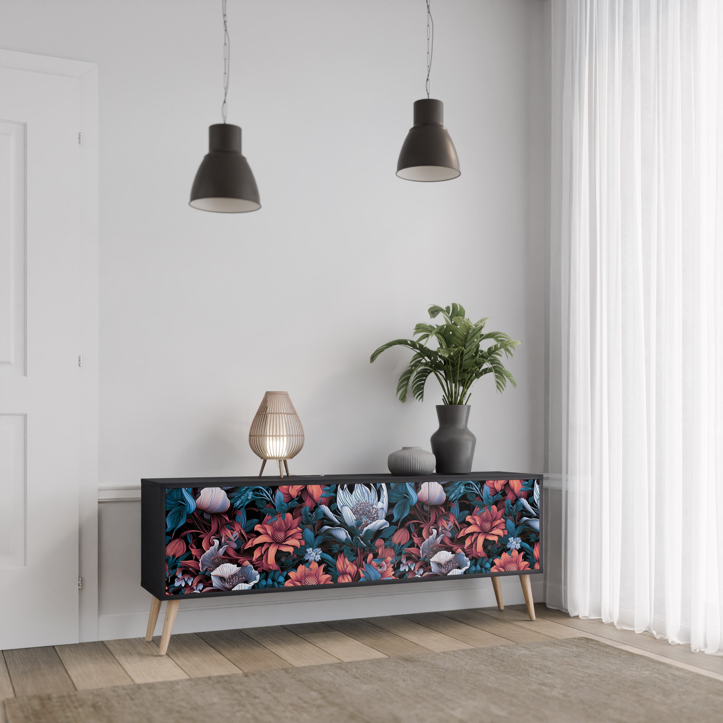 ETHEREAL BLOSSOMS 3-dörrars TV-bänk i svart finish