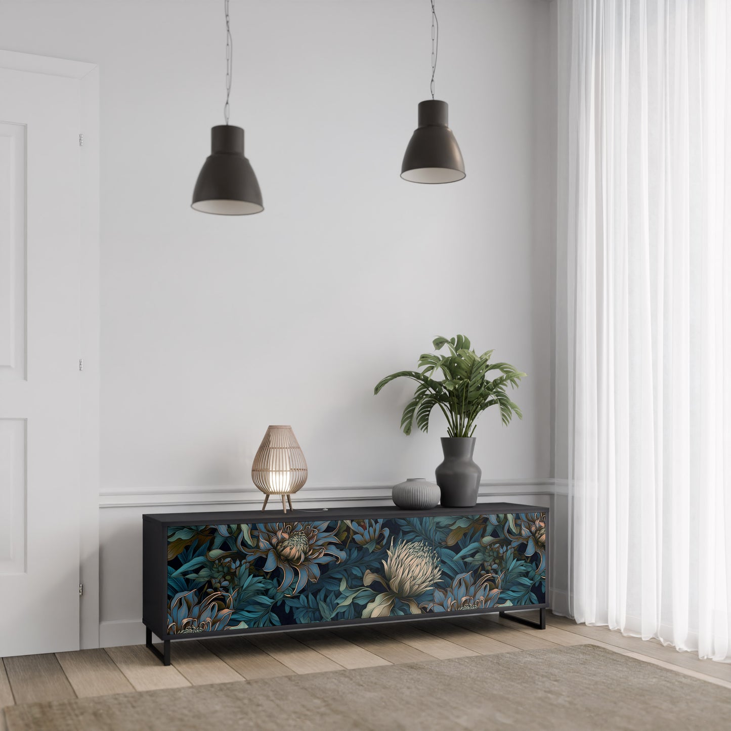 TWILIGHT BLOOM 3-dörrars TV-bänk i svart finish