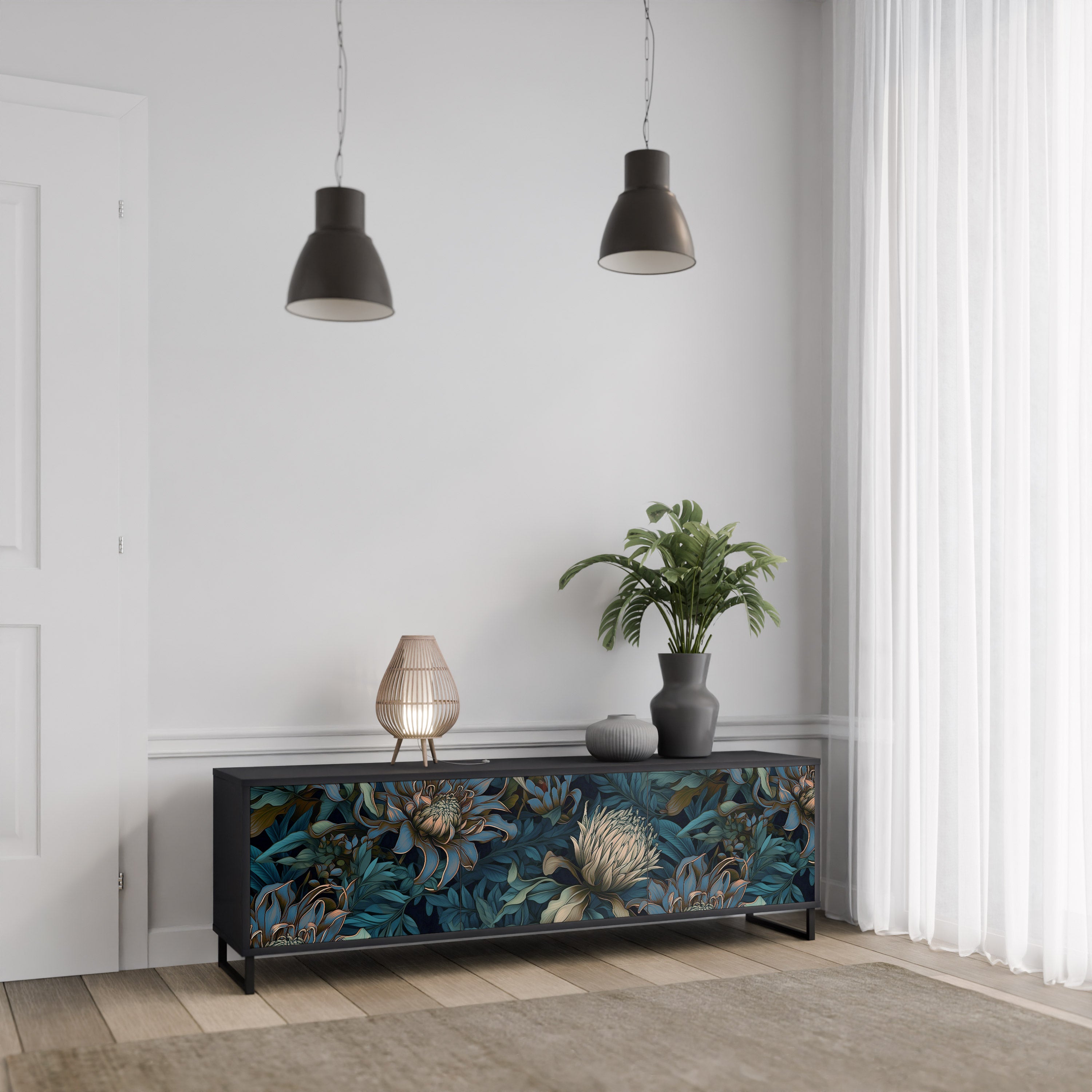 TWILIGHT BLOOM 3-dörrars TV-bänk i svart finish