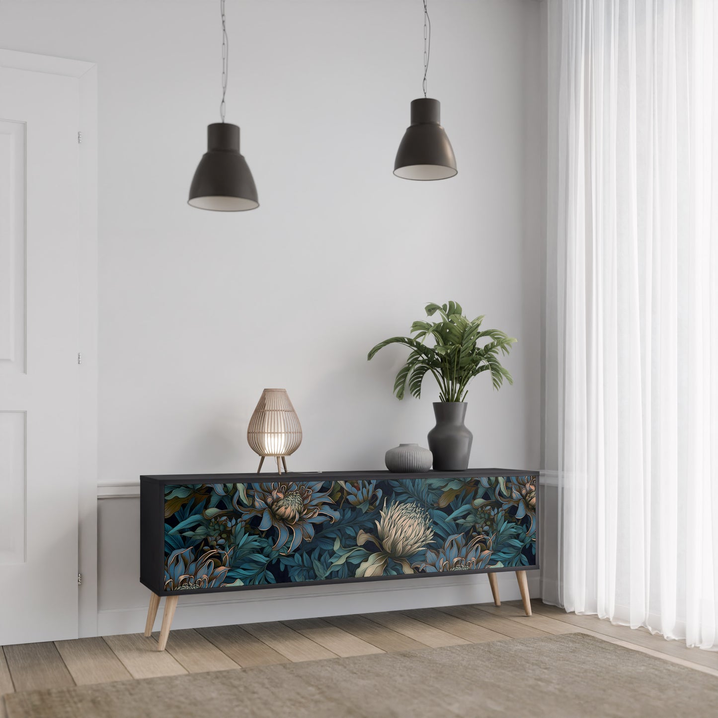 TWILIGHT BLOOM 3-dörrars TV-bänk i svart finish