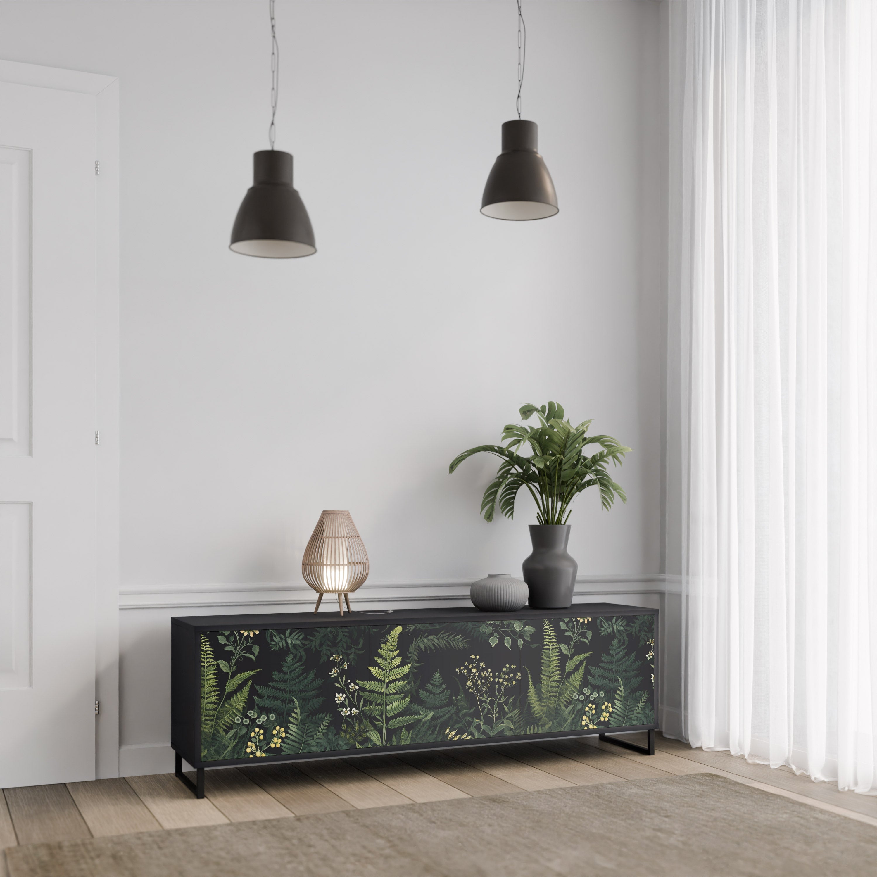 FERN FLOWERS 3-dörrars TV-bänk i svart finish