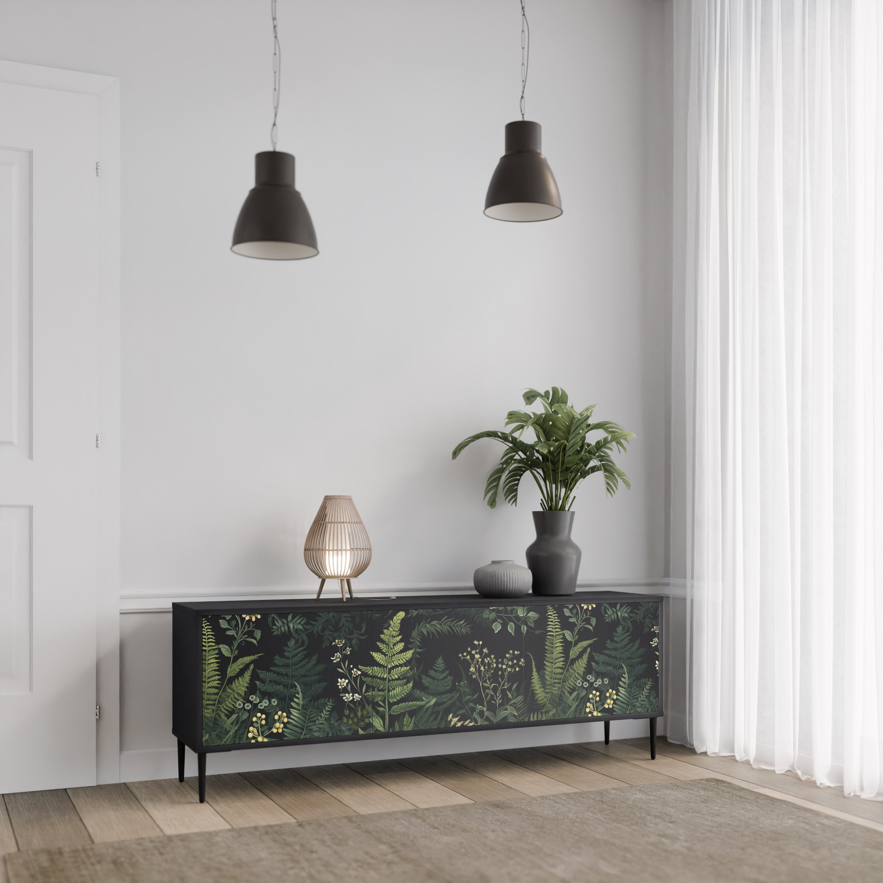 FERN FLOWERS 3-dörrars TV-bänk i svart finish