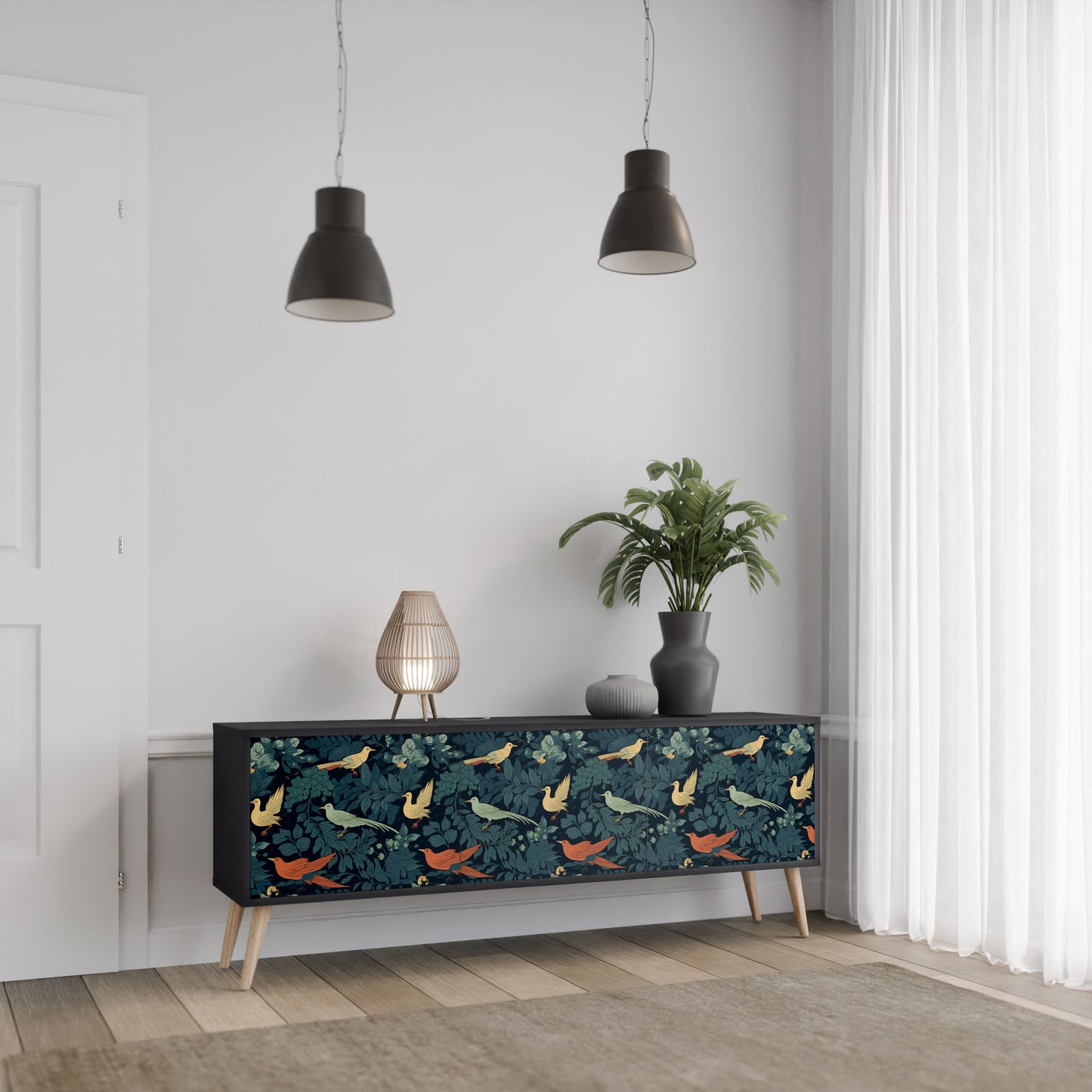 FOWL ORNAMENT 3-dörrars TV-bänk i svart finish